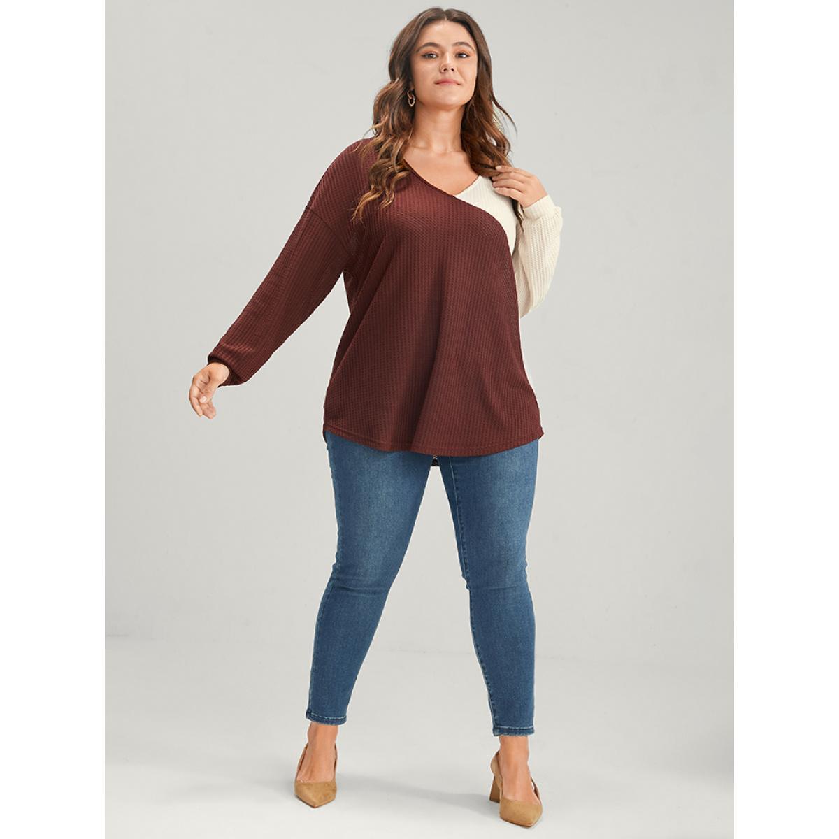 Plus Size Colorblock Contrast V Neck Waffle Knit Sweatshirt Women Russet Elegant Patchwork V-neck Dailywear Sweatshirts BloomChic 22-24/3X Product Image