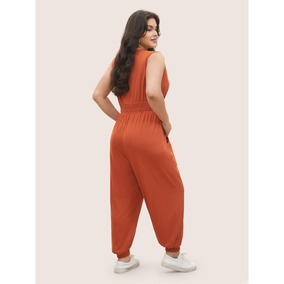 Plus Size OrangeRed Supersoft Essentials Wrap Patched Pocket Tank Jumpsuit Women Casual Sleeveless Overlap Collar Everyday Loose Jumpsuits BloomChic 14-16/1X Product Image