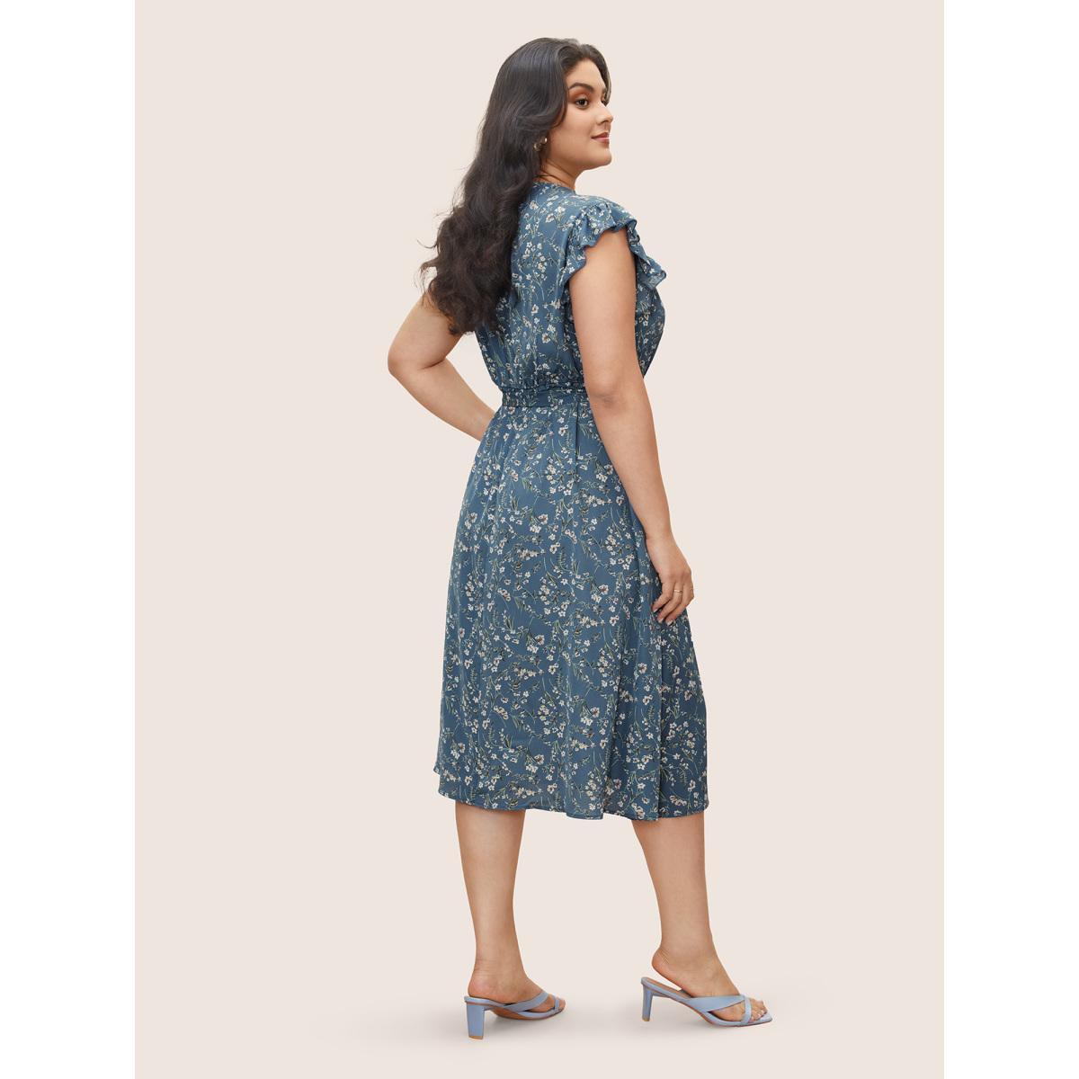Plus Size Floral Print Frill Notched Flutter Sleeve Dress Aegean Women Elegant Non Notched collar Sleeveless Curvy Midi Dress BloomChic 18-20/2X Product Image