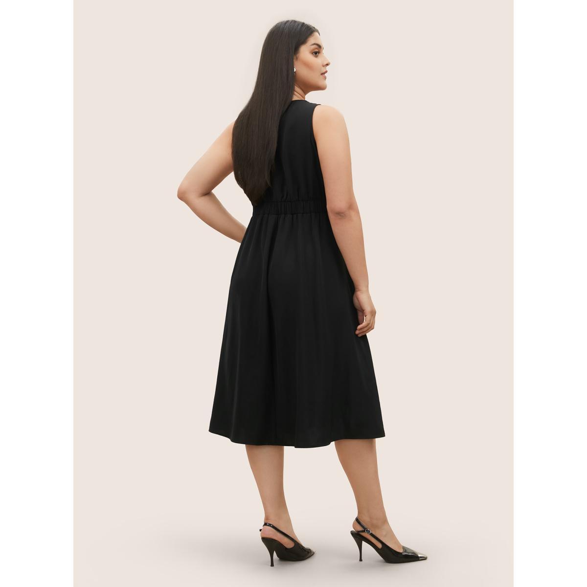 Plus Size Asymmetrical Neck Button Detail Midi Dress Black Women At the Office Non Asymmetrical Neck Sleeveless Curvy Midi Dress BloomChic 10/M Product Image