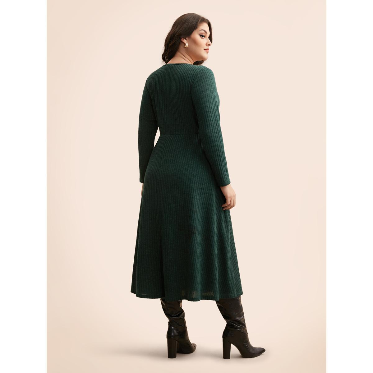 Plus Size Rib Knit Asymmetrical Neck Midi Dress DarkGreen Women Elegant Texture Asymmetrical Neck Long Sleeve Curvy BloomChic 18-20/2X Product Image
