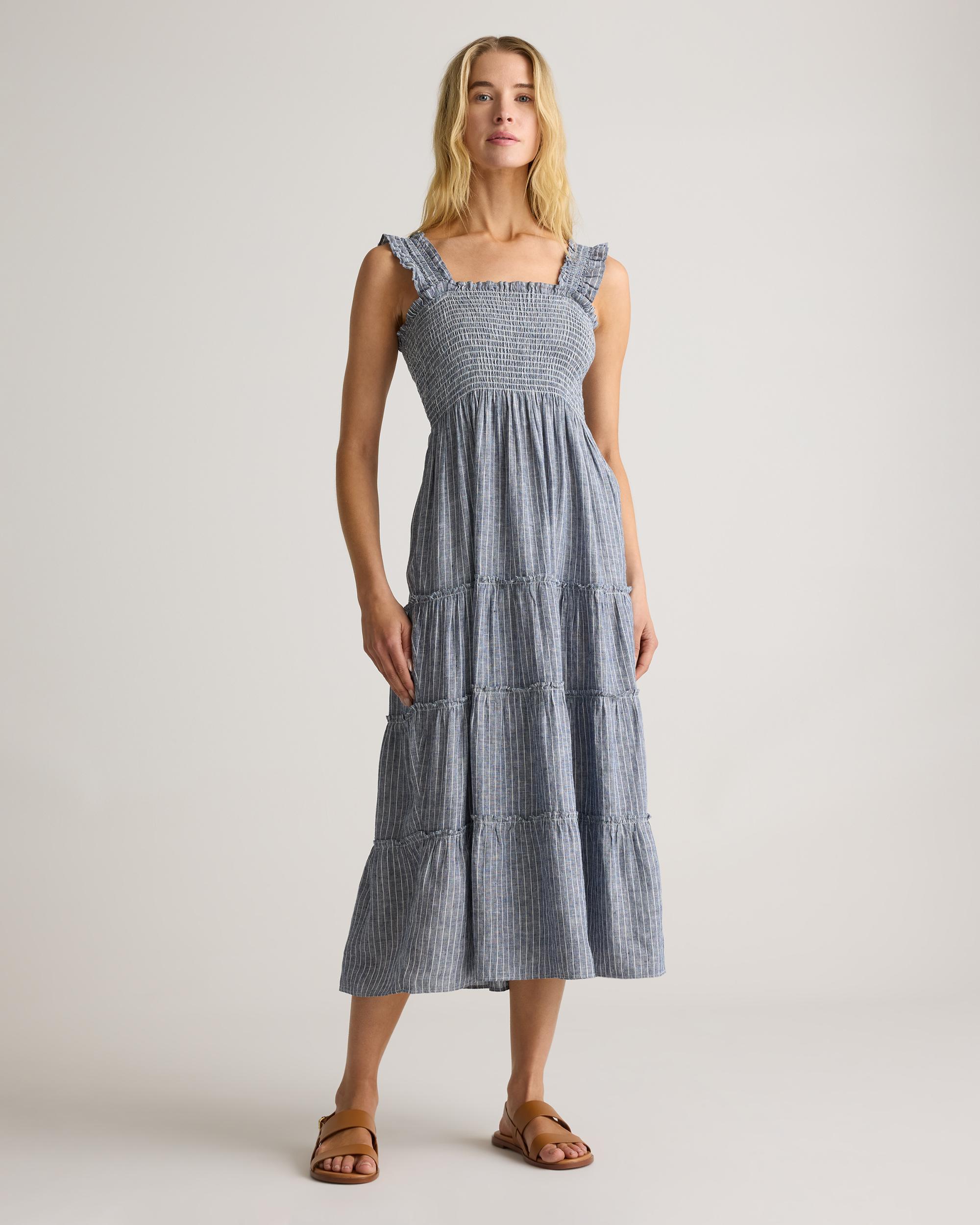 100% European Linen Smocked Midi Dress Product Image
