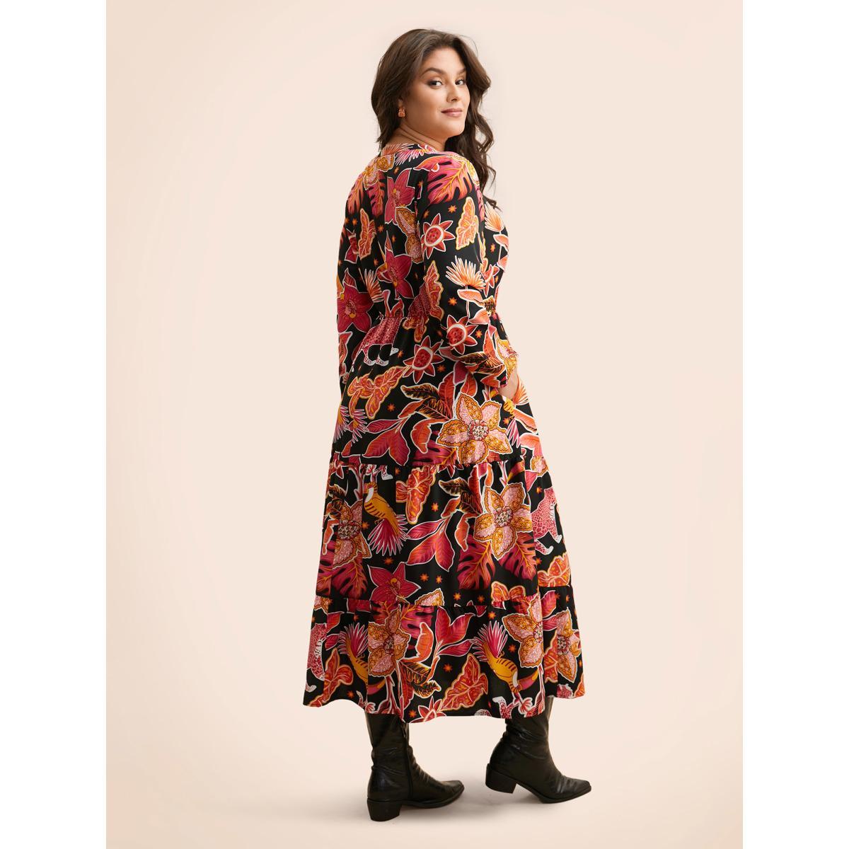 Plus Size Notched Floral Elastic Waist Maxi Dress Black Women Elegant Button Flat collar with V-notch Long Sleeve Curvy BloomChic 30/6X Product Image