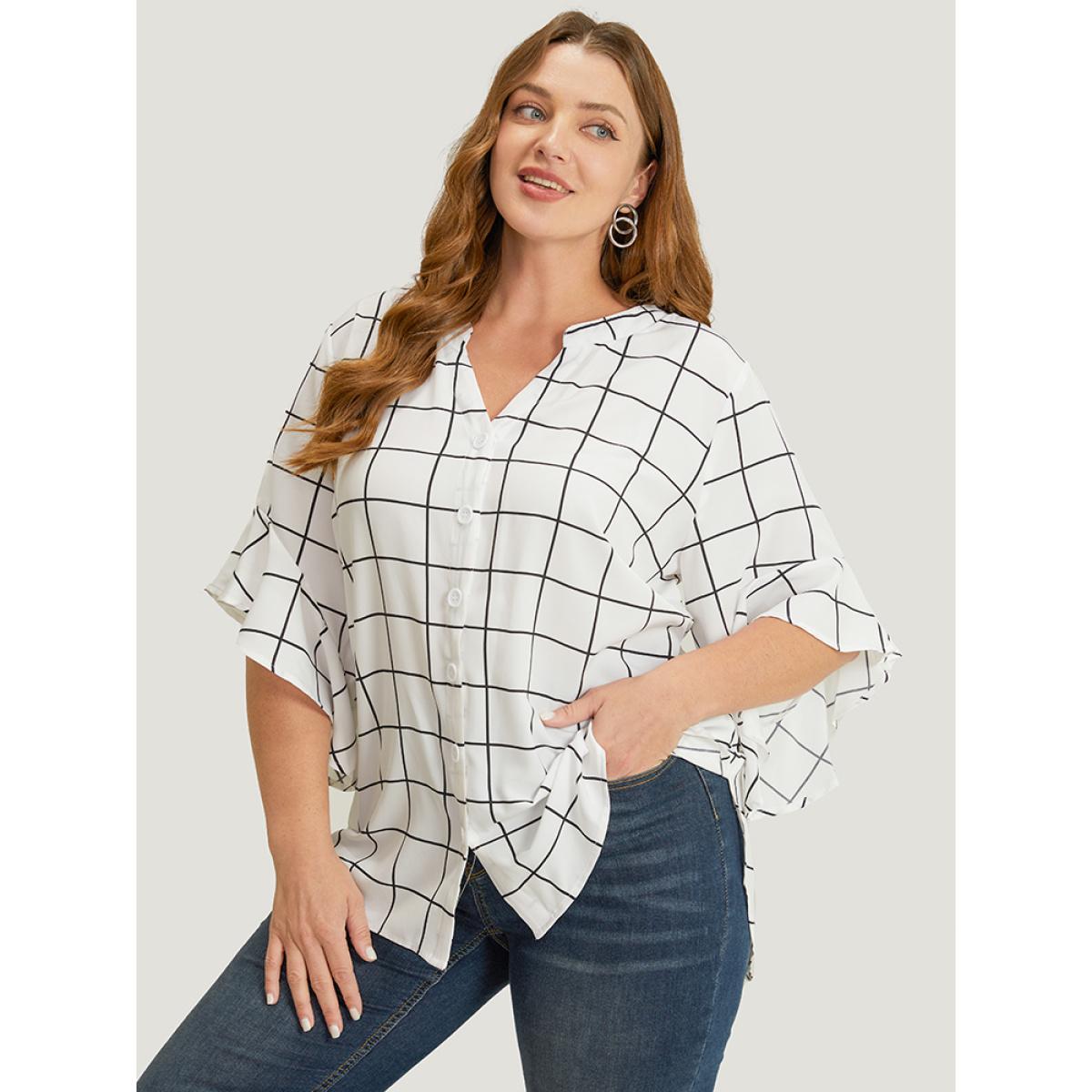 Plus Size White Plaid Notched Button Up Ruffle Sleeve Split Hem Blouse Women Office Elbow-length sleeve Notched collar Work Blouses BloomChic 14-16/1X Product Image