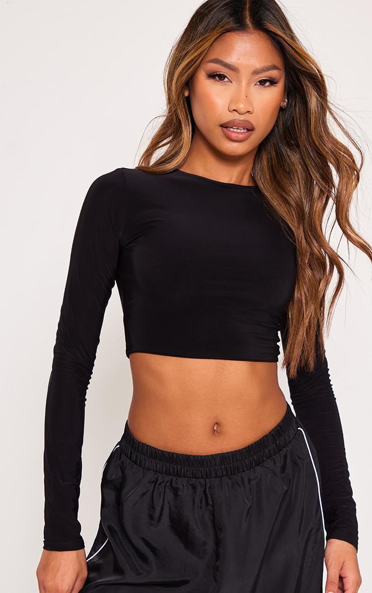 Black Basic Slinky Long Sleeve Crop Top Product Image