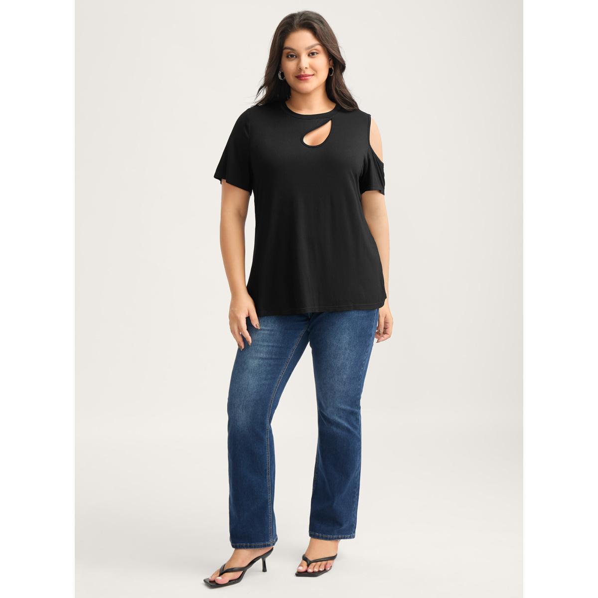 Plus Size Supersoft Solid Cut-Out Shoulder T-Shirt Black Women Cut-Out Round Neck Everyday-Elegant T-shirts BloomChic 14-16/1X Product Image