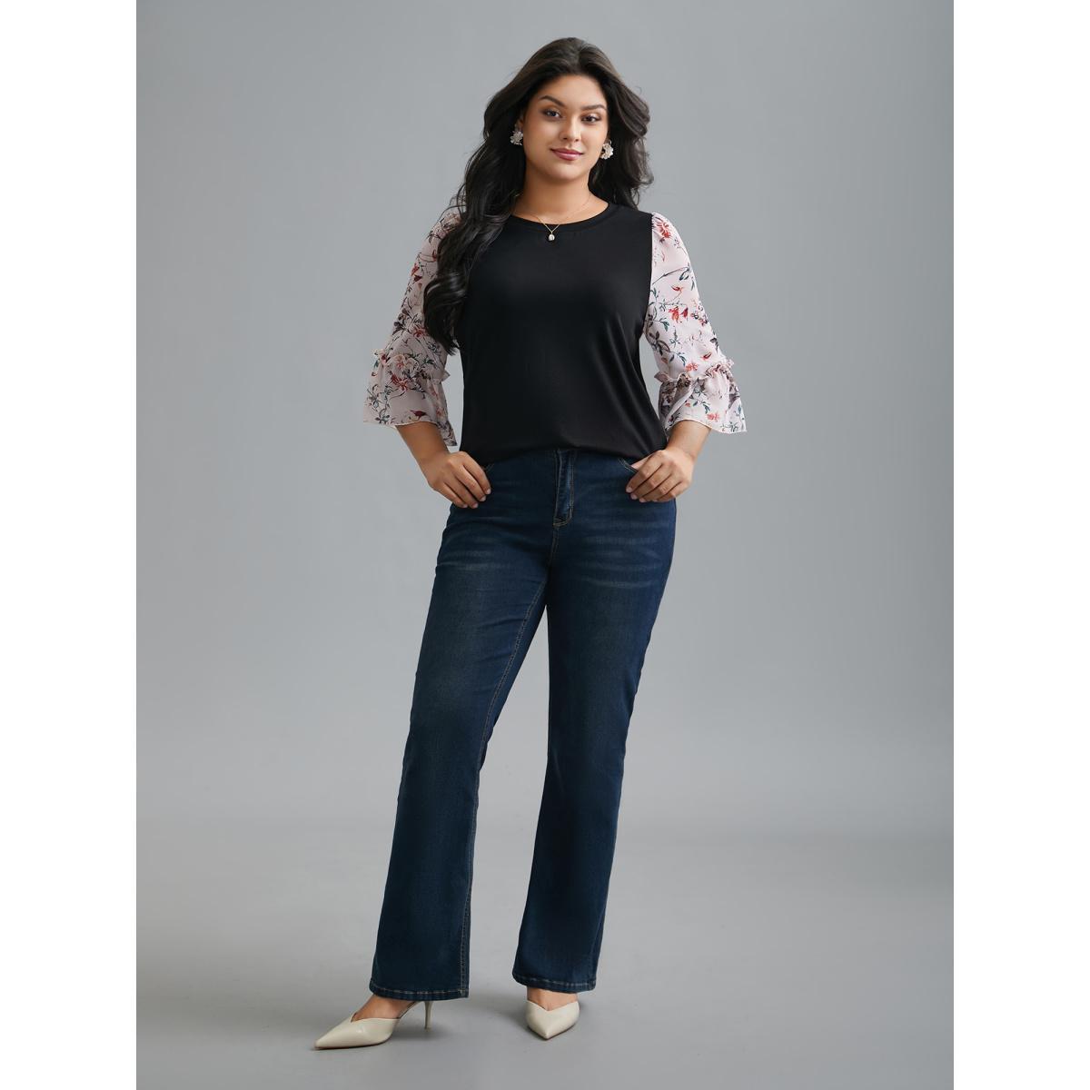 Plus Size Floral Print Patchwork Ruffle Sleeve T-Shirt Black Women Elegant Contrast Round Neck Everyday T-shirts BloomChic 26/4X Product Image