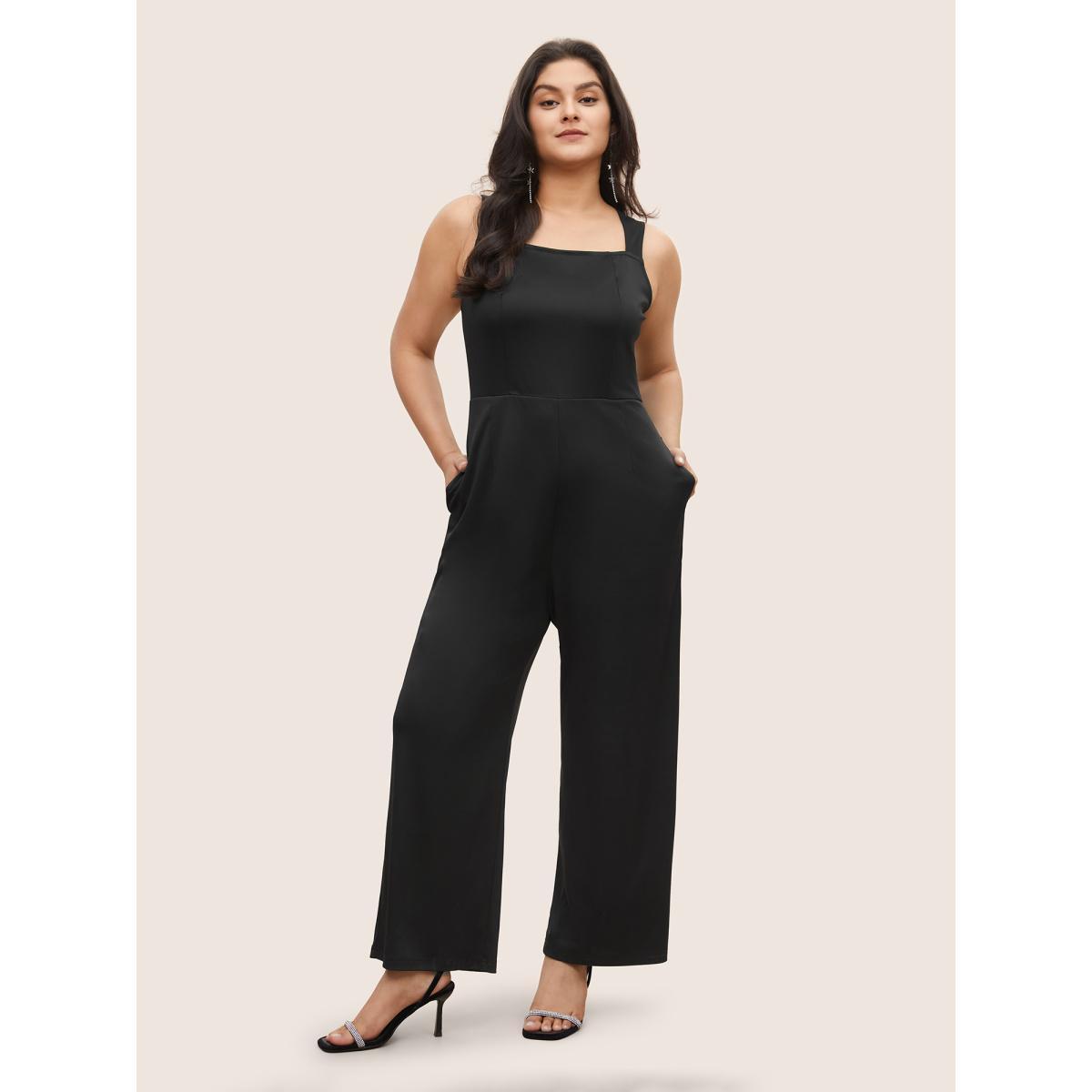 Plus Size Black Solid Patchwork Pocket Square Neck Sleeveless Jumpsuit Women Cocktail Sleeveless Square Neck Party Loose Jumpsuits BloomChic 30/6X Product Image