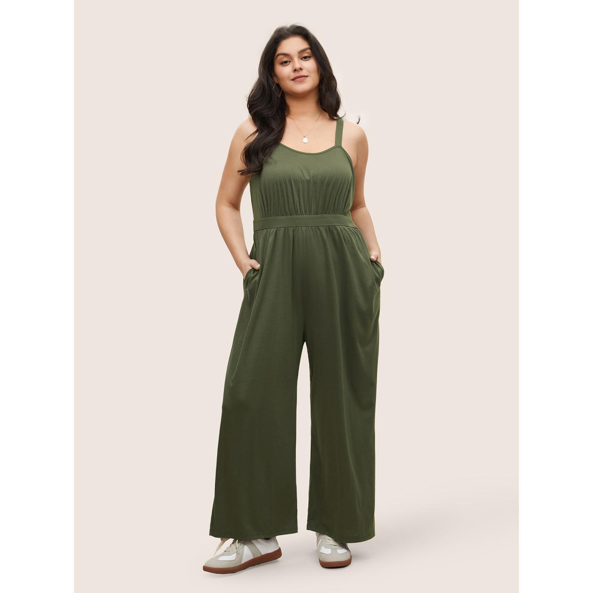 Plus Size ArmyGreen Supersoft Essentials Shirred Pocket Cami Jumpsuit Women Casual Sleeveless Non Everyday Loose Jumpsuits BloomChic 30/6X Product Image