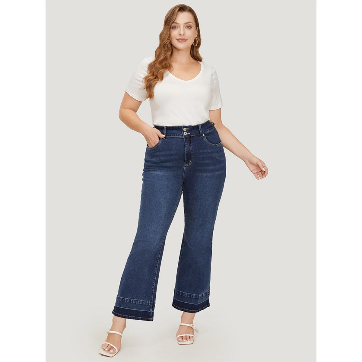 Plus Size Flare Leg Very Stretchy Dark Wash Contrast Patchwork Jeans Women Indigo Casual Plain Contrast High stretch Pocket Jeans BloomChic 12/L Product Image