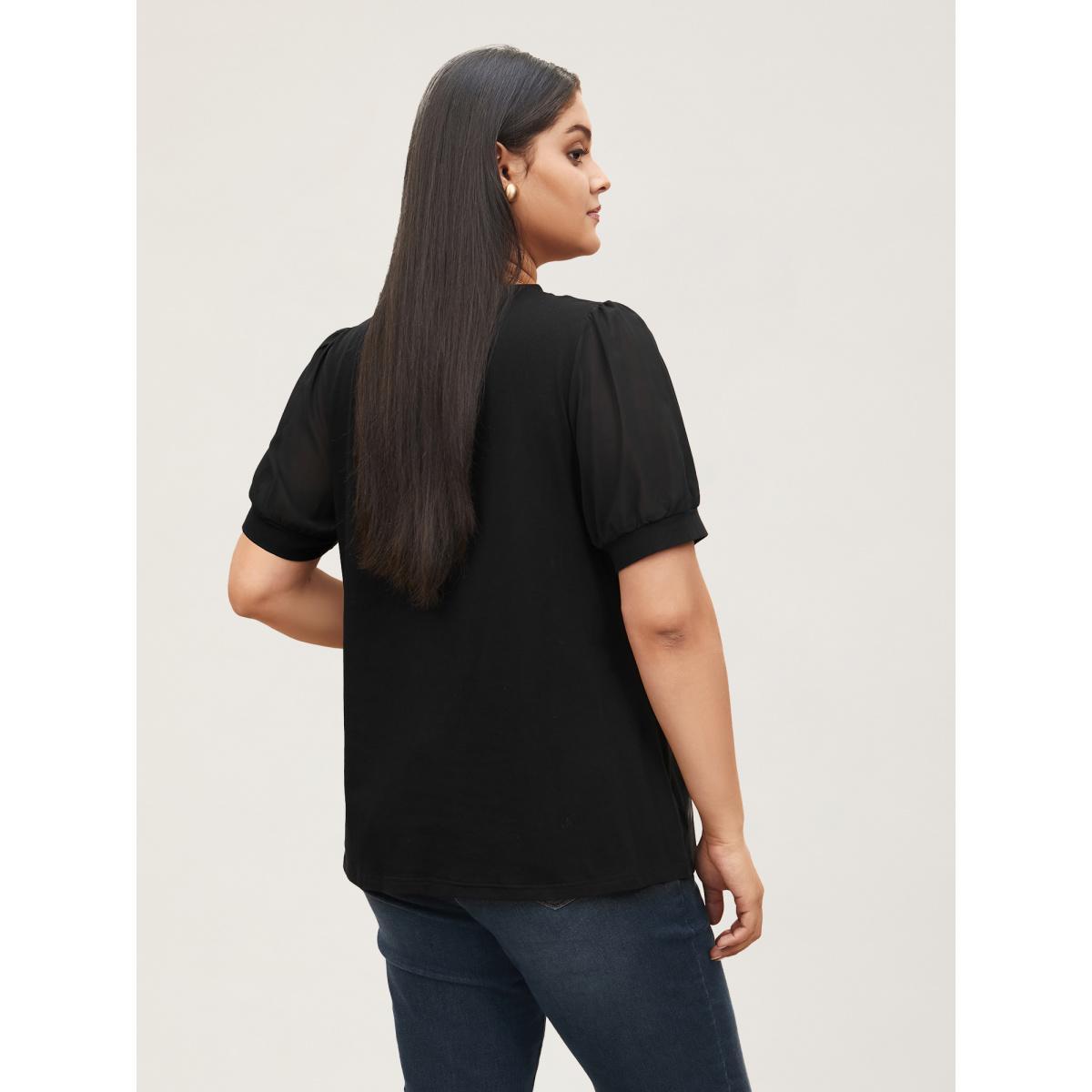Plus Size Solid Chiffon Patchwork Puff Sleeve T-shirt Black Women Workwear Essentials Patchwork Round Neck Work T-shirts BloomChic 18-20/2X Product Image