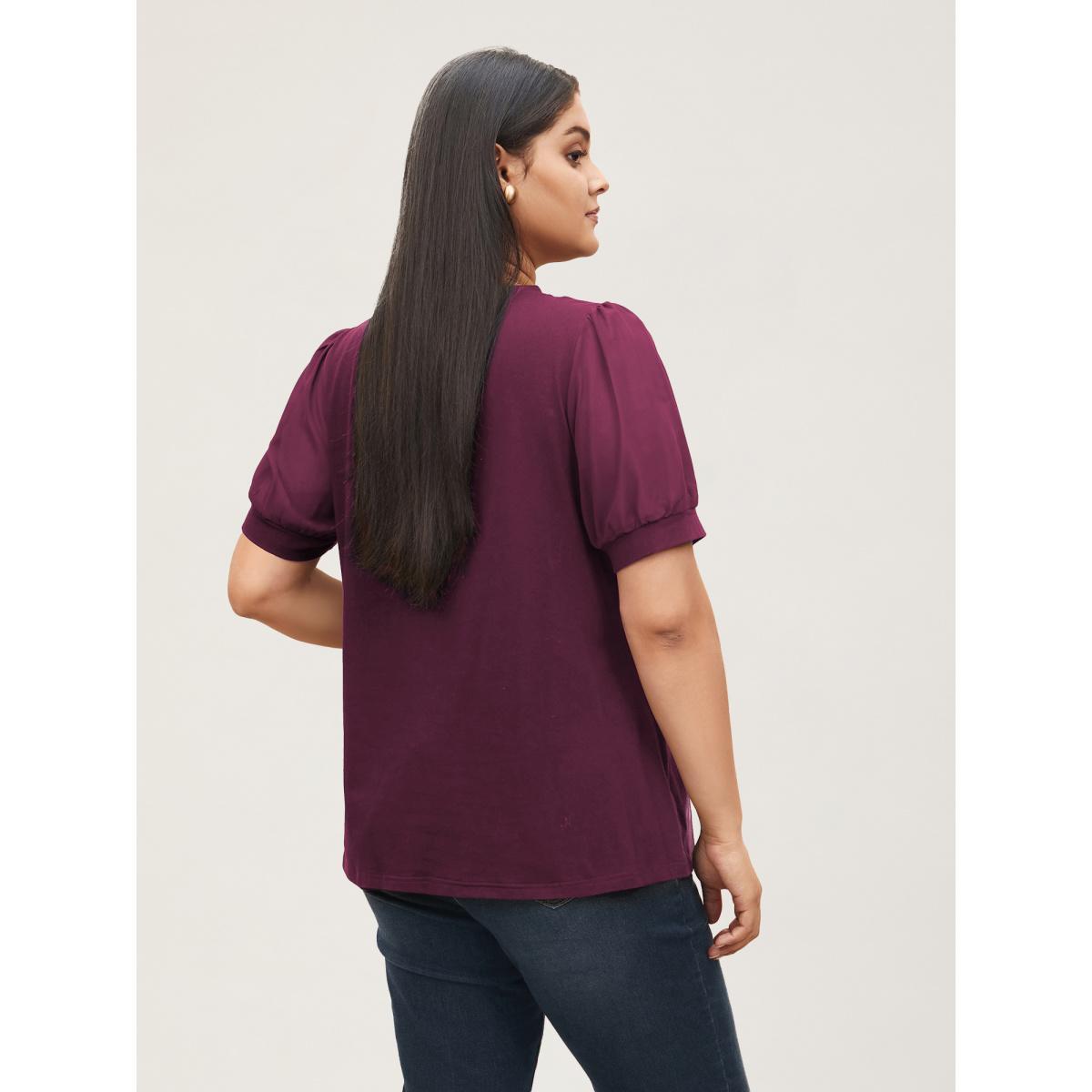Plus Size Solid Chiffon Patchwork Puff Sleeve T-shirt Plum Women Workwear Essentials Patchwork Round Neck Work T-shirts BloomChic 28/5X Product Image