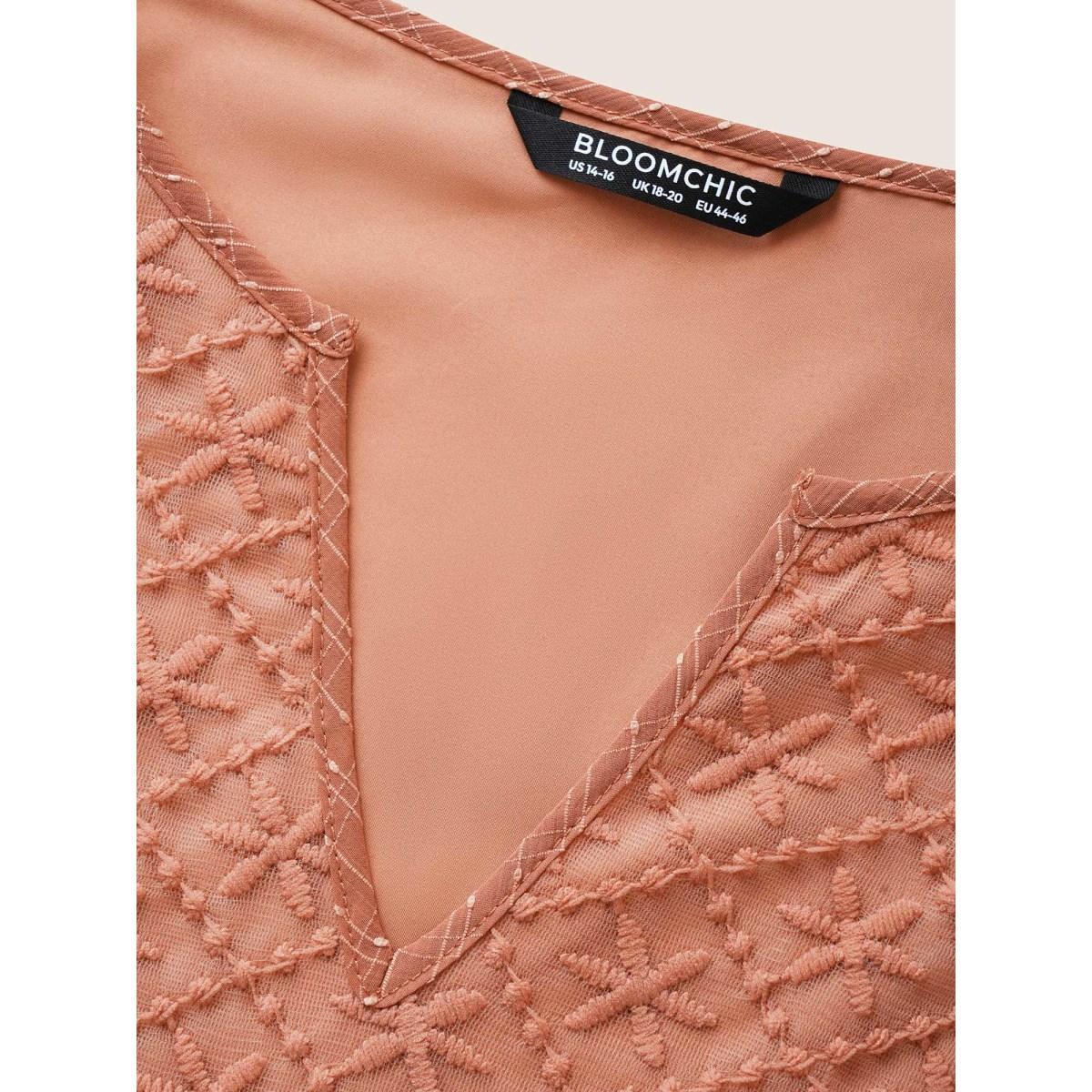 Plus Size Coral Solid Notched Lace Panel Bell Sleeve Blouse Women Resort Elbow-length sleeve Flat collar with V-notch Vacation Blouses BloomChic 10/M Product Image