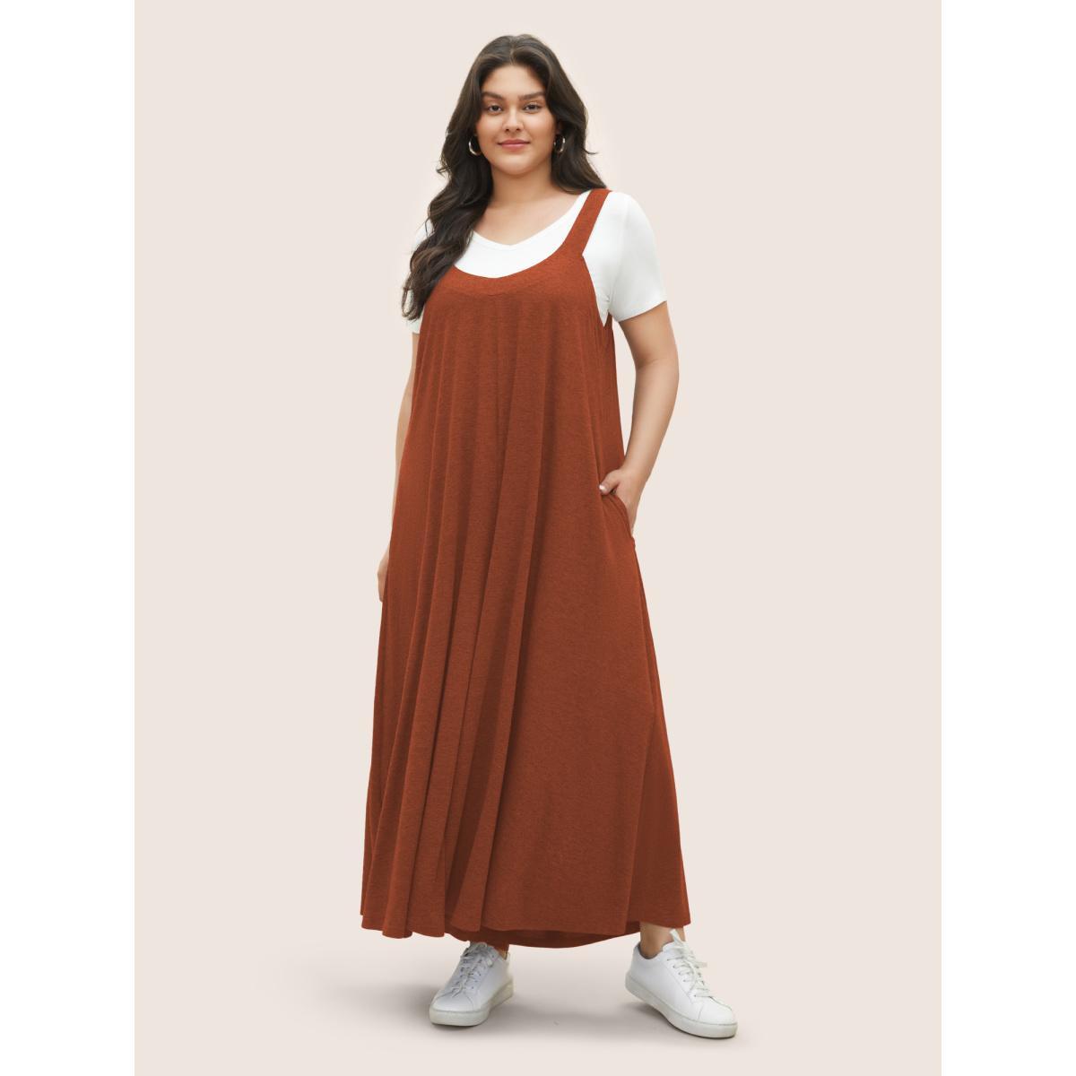 Plus Size Rust Supersoft Essentials Solid Pocket Adjustable Straps Jumpsuit Women Casual Sleeveless Non Everyday Loose Jumpsuits BloomChic 10/M Product Image
