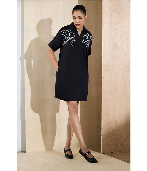 Ming Wang Stretch Cotton Floral Embroidered Point Collar V-Neck Short Sleeve Dress Product Image