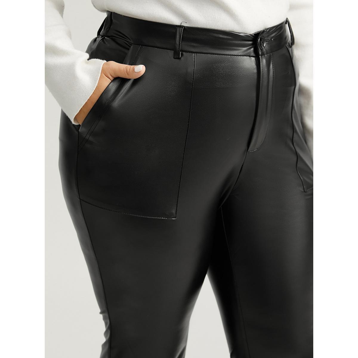 Plus Size Plain PU Leather Pocket Bootcut Pants Women Black Party Flare Leg High Rise Going out Pants BloomChic 26/4X Product Image