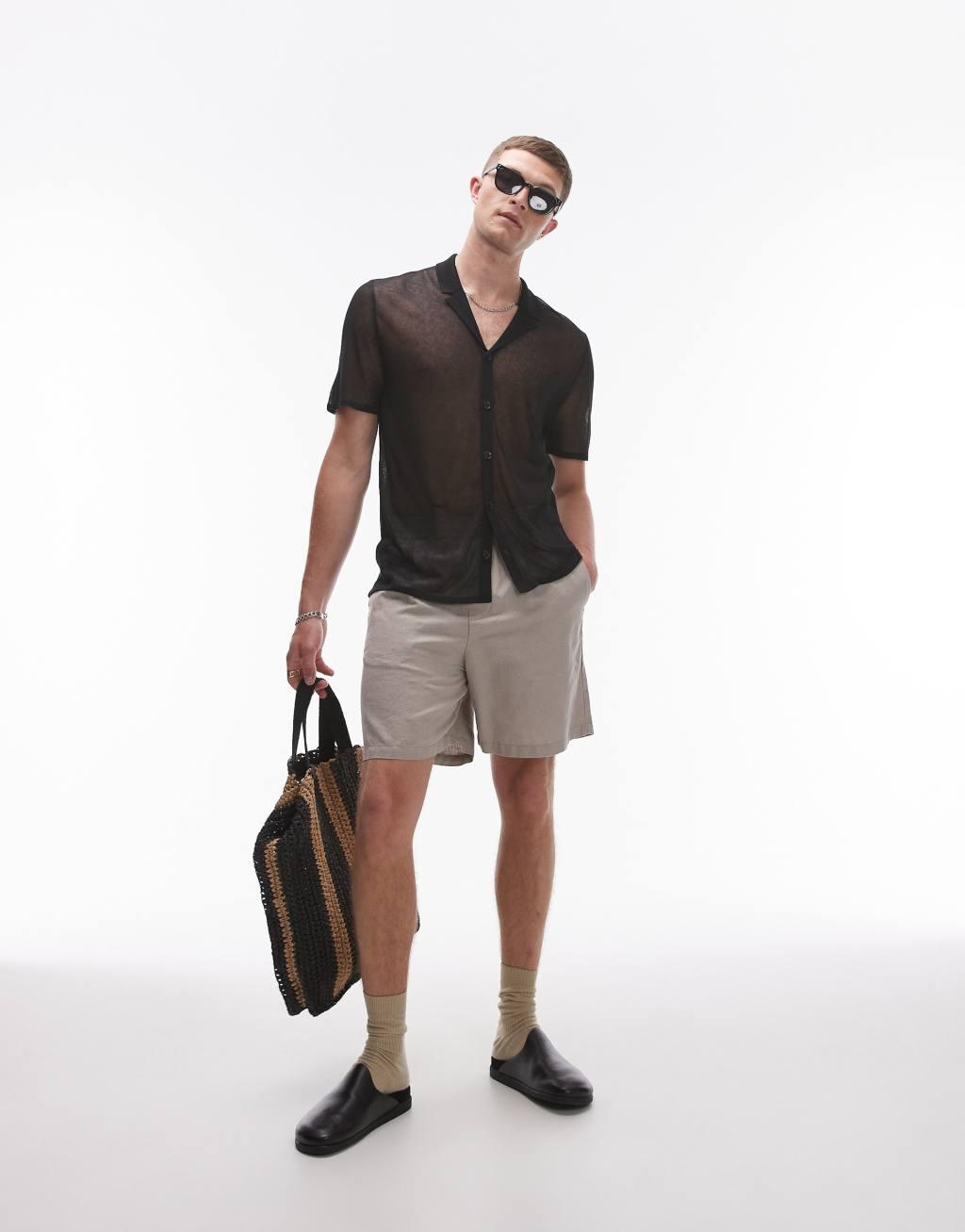 Topman sheer knitted polo in black Product Image