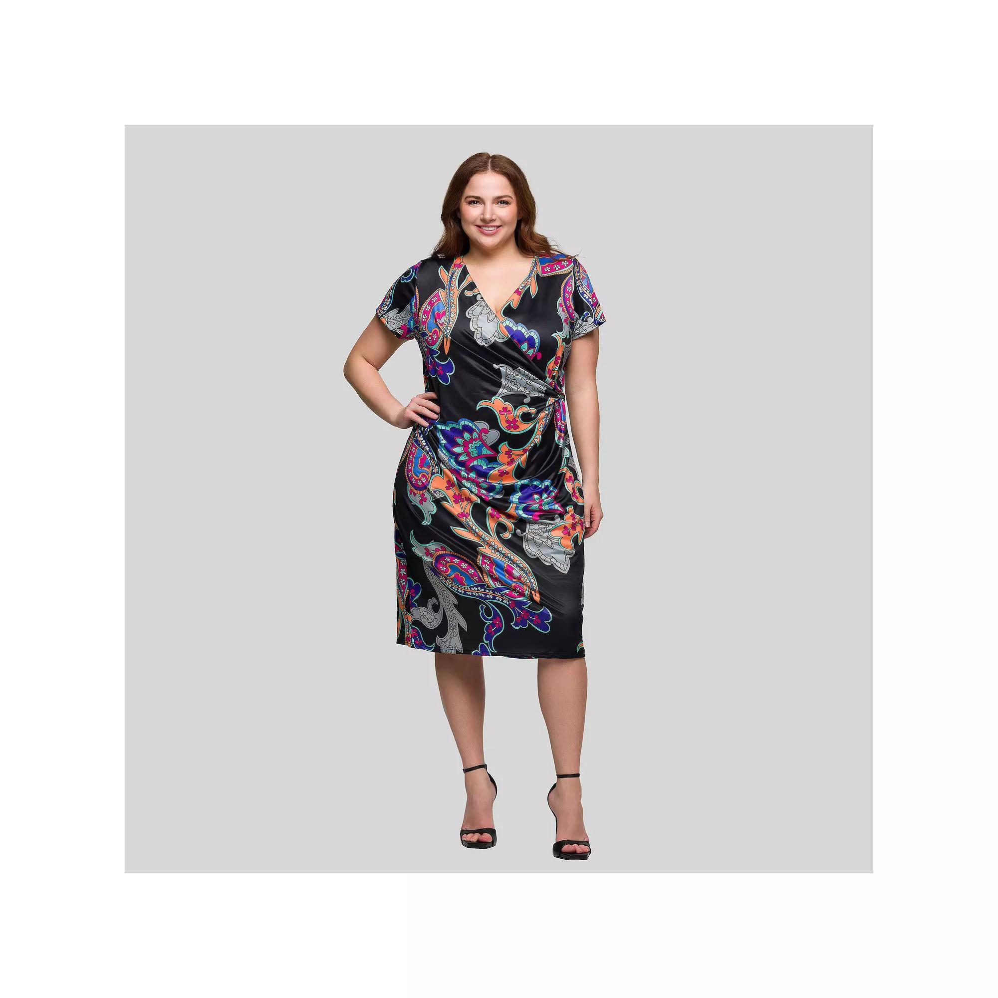 Plus Size 24Seven Comfort Apparel Knee Length Short Sleeve Faux Wrap Dress, Womens Product Image