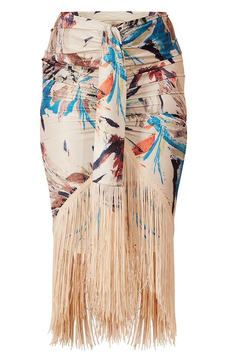 Stone Leaf Abstract Print Tassel Hem Midi Skirt Product Image