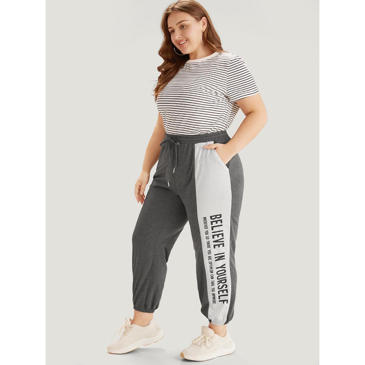 Letter Print Bowknot Contrast Patchwork Pocket Sweatpants Gray Plus Size Women Casual Everyday Contrast 22-24/3X Bloomchic Product Image