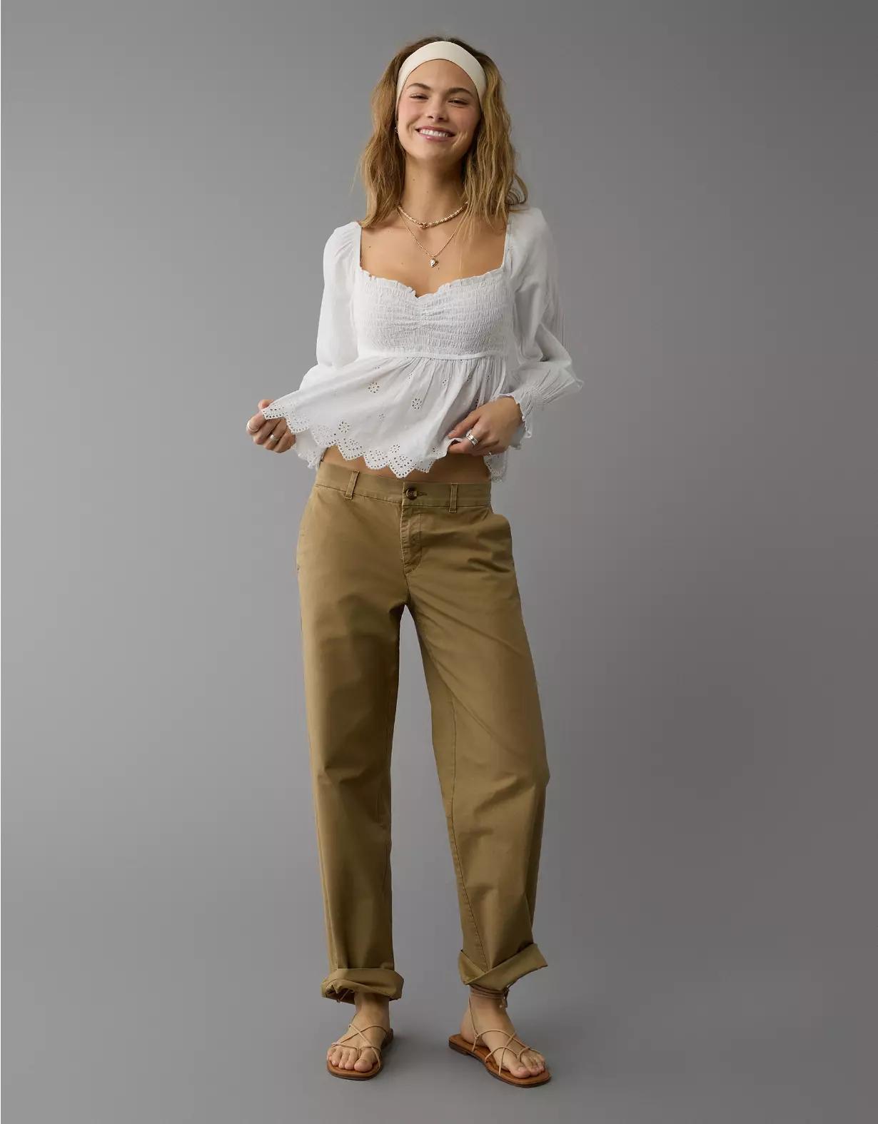AE Long-Sleeve Smocked Babydoll Blouse Product Image