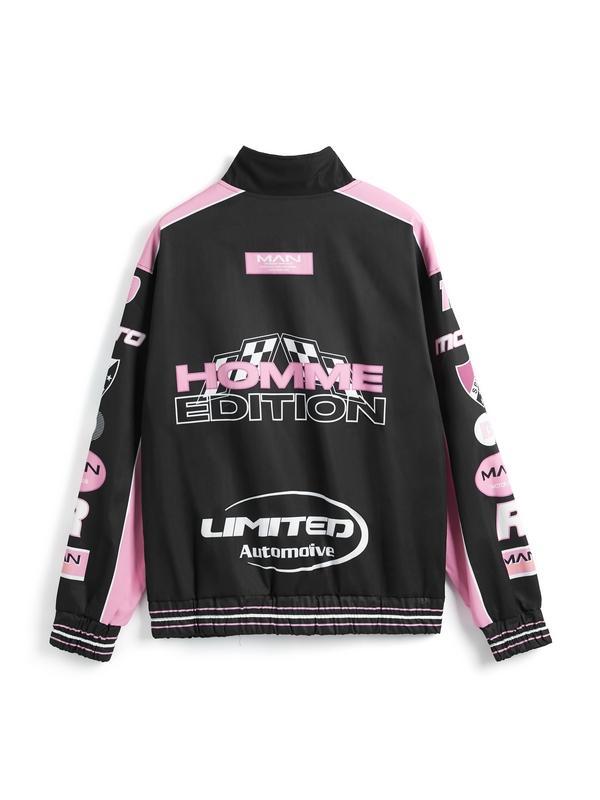 Retro Print Contrast Color Moto Jacket Product Image