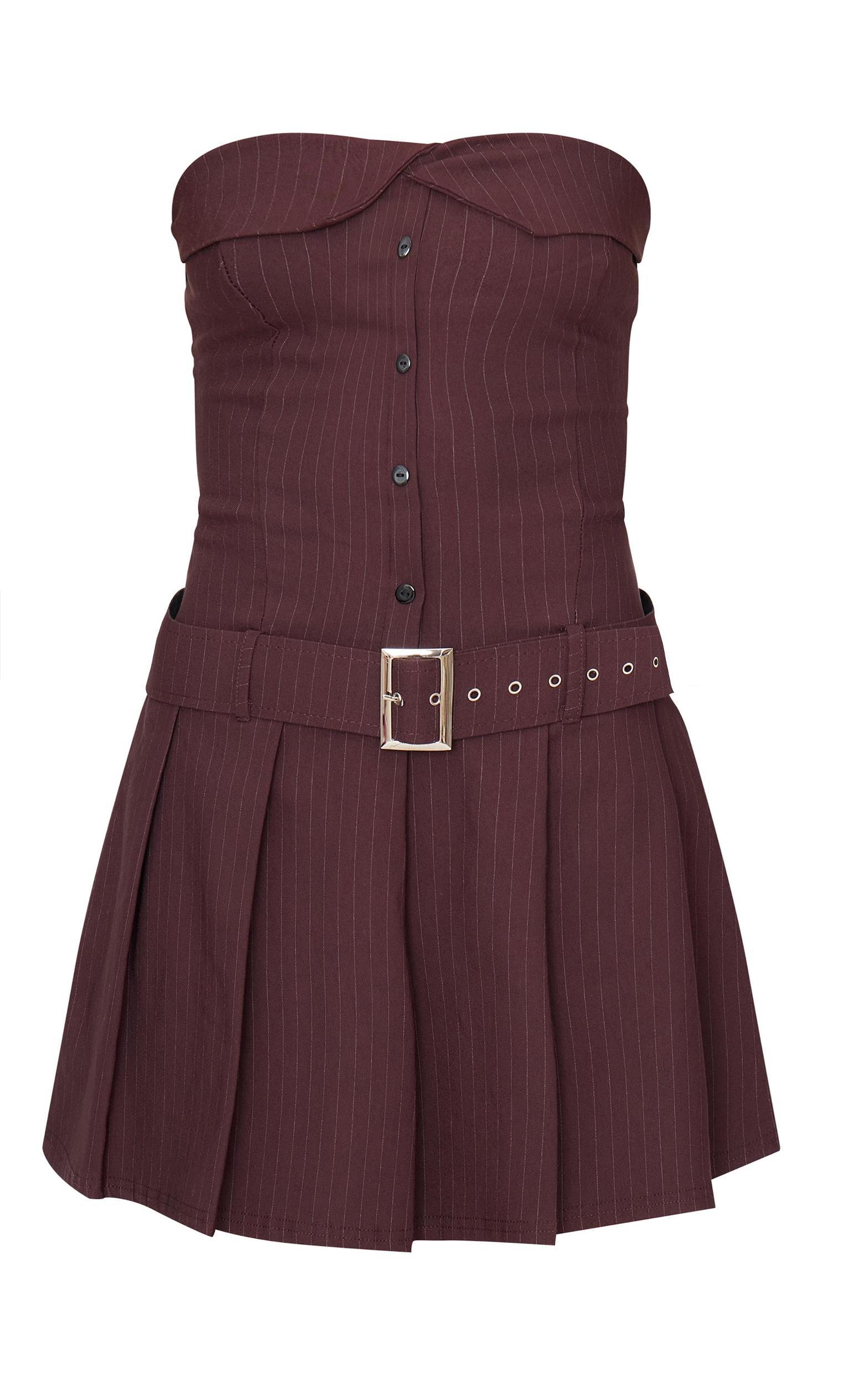 Chocolate Pinstripe Tailored Bandeau Belt Pleated Shift Dress Product Image