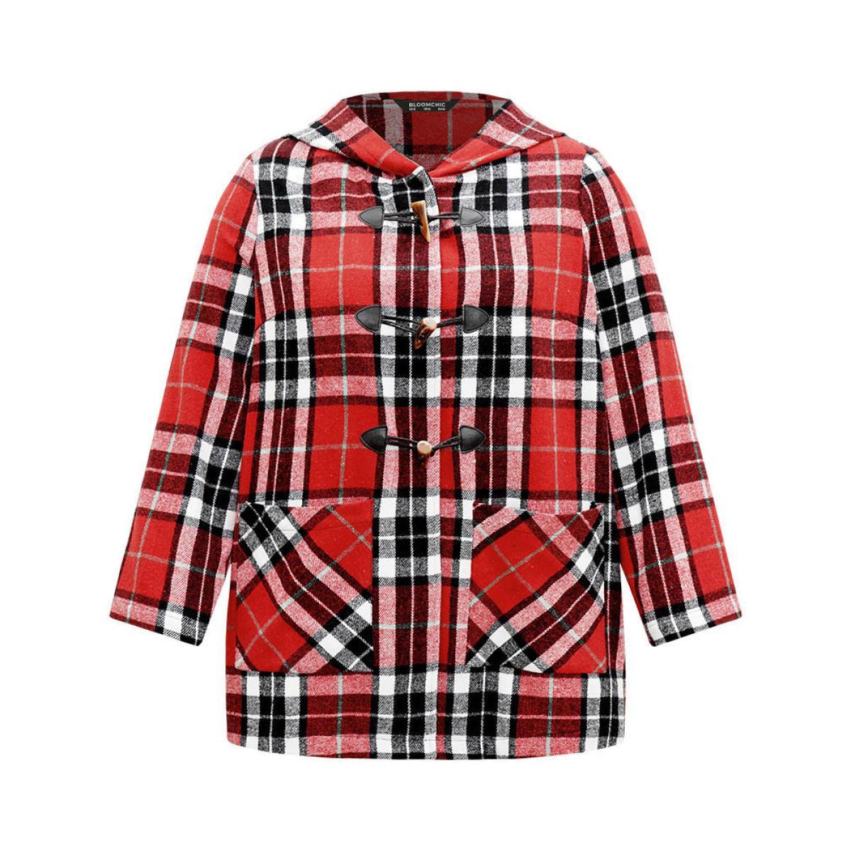 Plus Size Plaid Hooded Pocket Duffle Button Coat Women Crimson Casual Contrast Ladies Dailywear Winter Coats BloomChic 10/M Product Image
