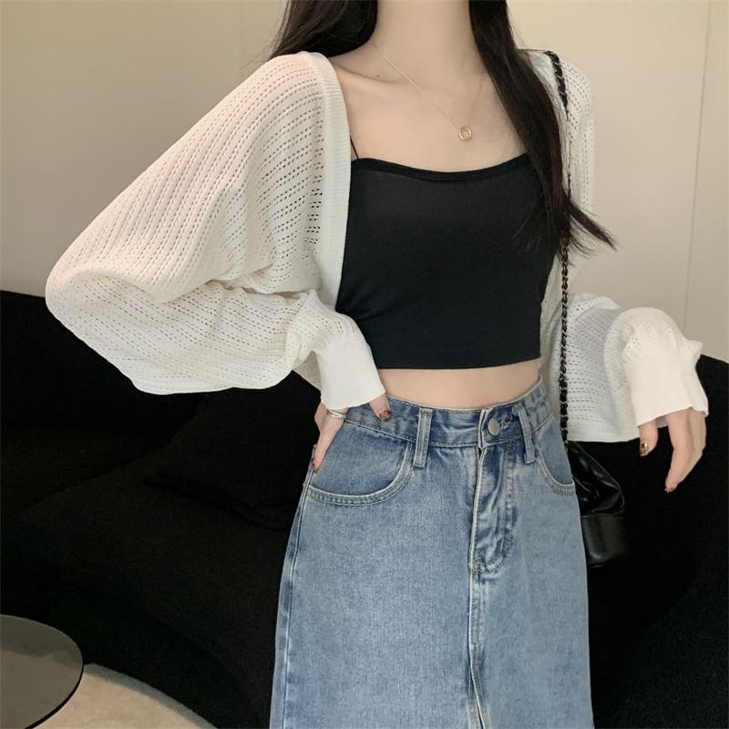 Plain Pointelle Cropped Open Front Cardigan Product Image