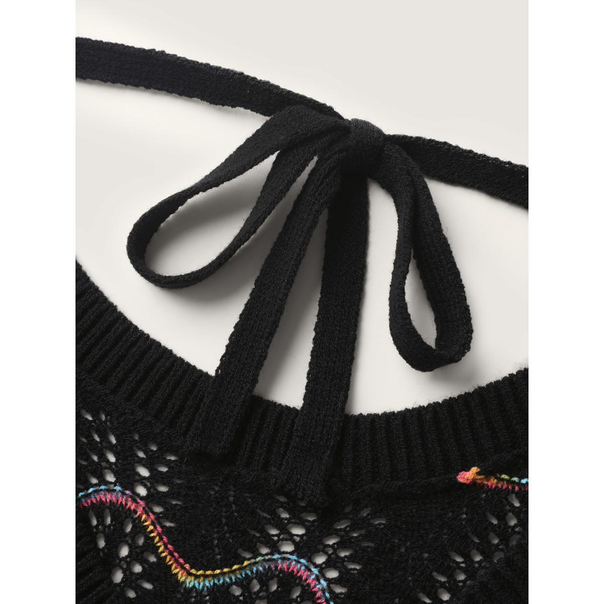 Plus Size Ripple Textured Sheer Neck Backless Pullover Black Women Loose Long Sleeve Round Neck Everyday-Casual Pullovers BloomChic 18-20/2X Product Image