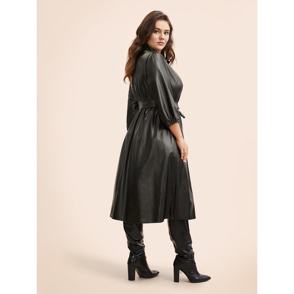 Plus Size Shirt Collar PU Leather Belted Dress Black Women Elegant Belted Shirt collar Elbow-length sleeve Curvy BloomChic 26/4X Product Image