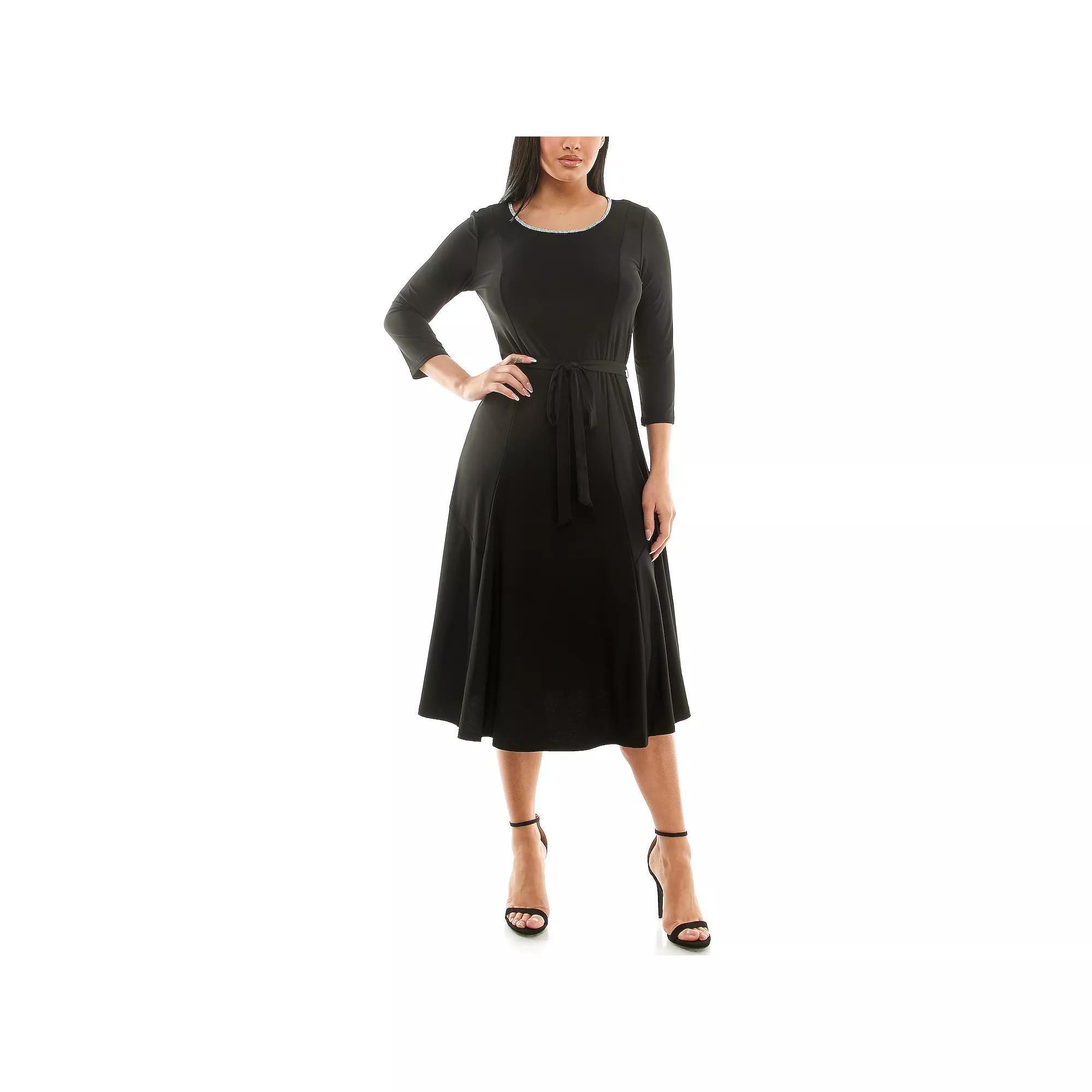 Women's Nina Leonard Sylvia Rhinestone Trim Dress, Size: XL, Black Product Image