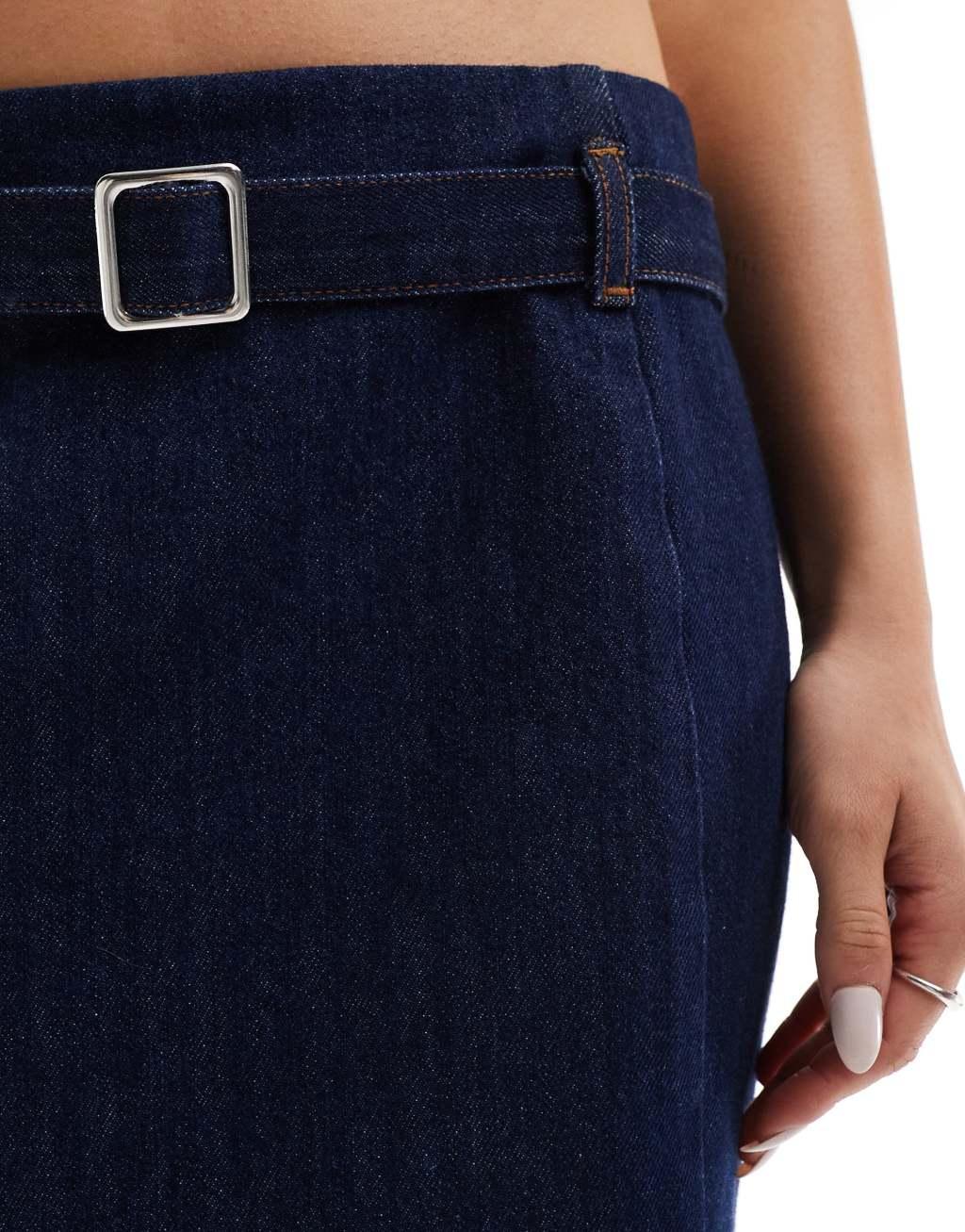 ASOS DESIGN denim fitted skirt with mini belt in indigo Product Image