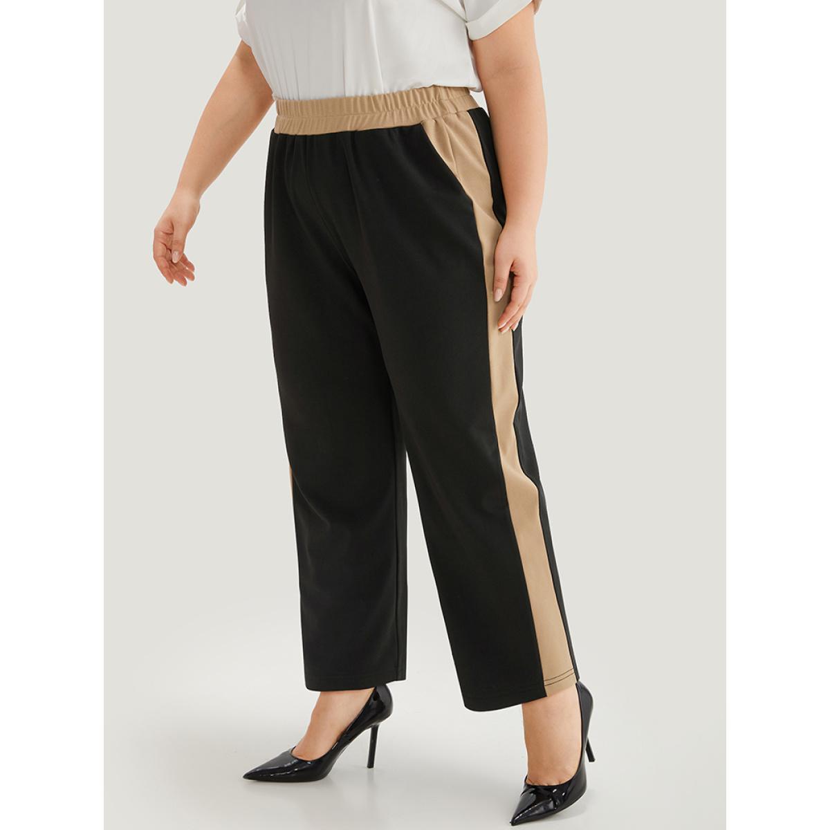 Plus Size Two Tone Elastic Waist Pocket Pants Women Black Office High Rise Work Pants BloomChic 28/5X Product Image