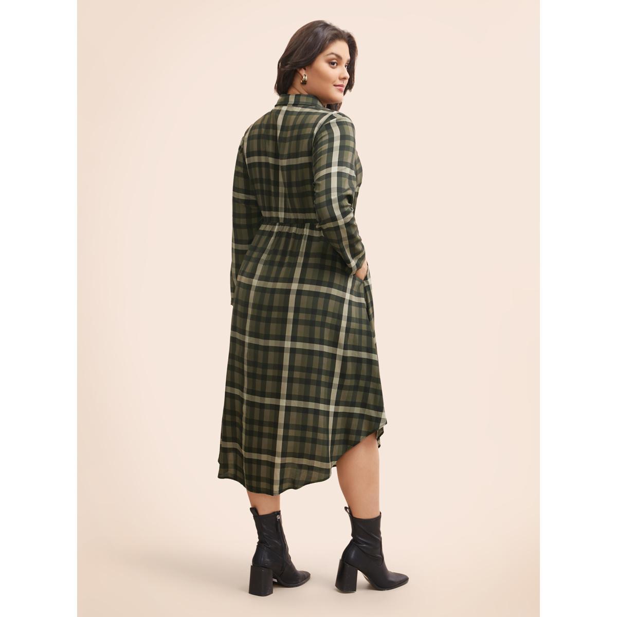 Plus Size Plaid Shirt Collar Curved Hem Dress Yellowishbrown Women Elegant Button Shirt collar Long Sleeve Curvy BloomChic 28/5X Product Image