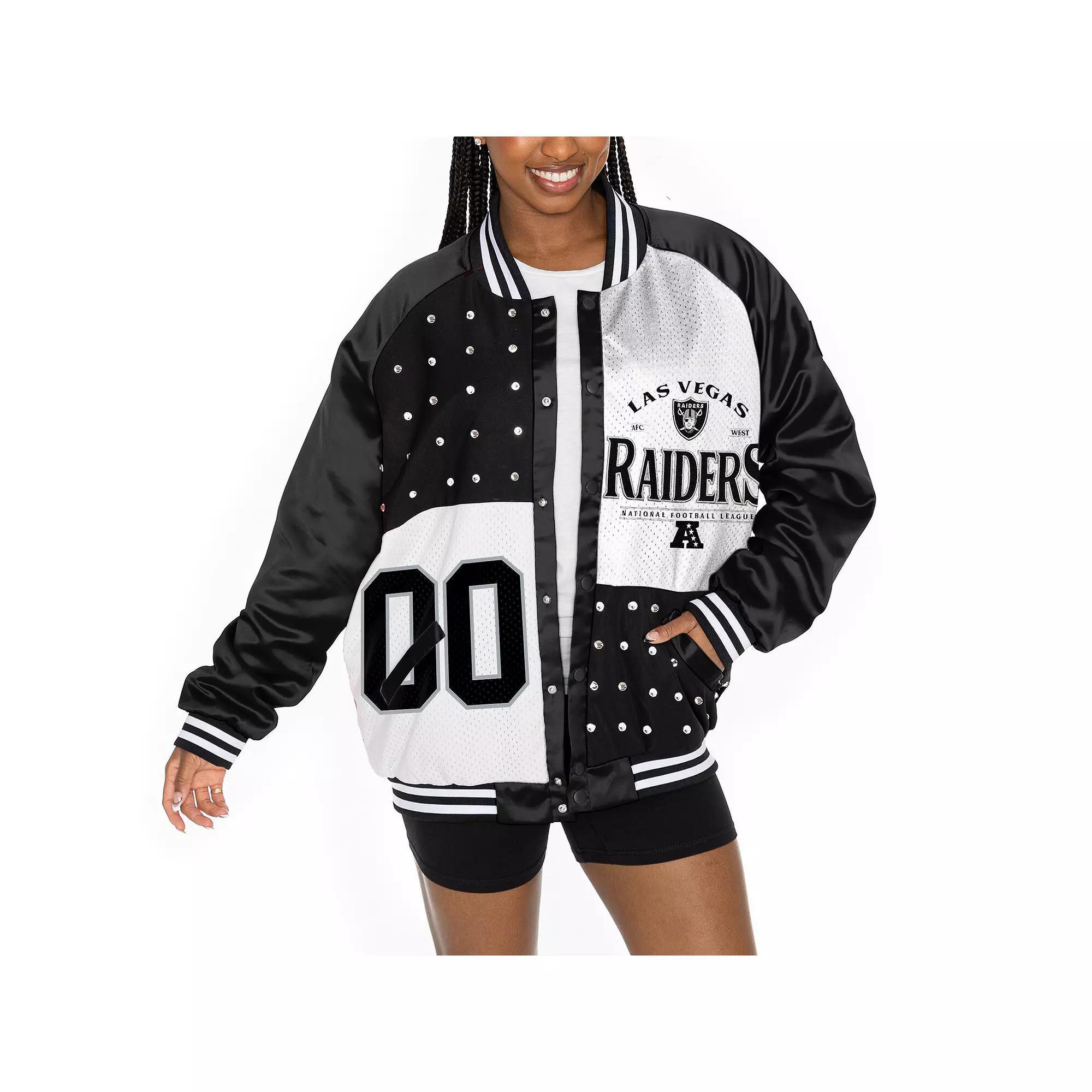 Women's Gameday Couture  Black/White Las Vegas Raiders Oversized Hot Shot Rhinestone Throwback Full-Snap Varsity Bomber Jacket, Size: Large, Lvr Black Product Image