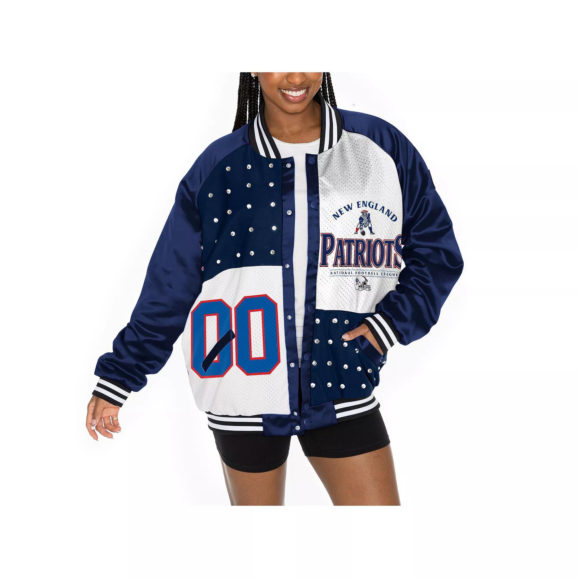 Women's Gameday Couture  Navy/White New England Patriots Oversized Hot Shot Rhinestone Throwback Full-Snap Varsity Bomber Jacket, Size: Medium, Blue Product Image