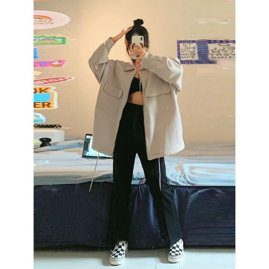 Collar Lettering Applique Zip Cardigan Product Image