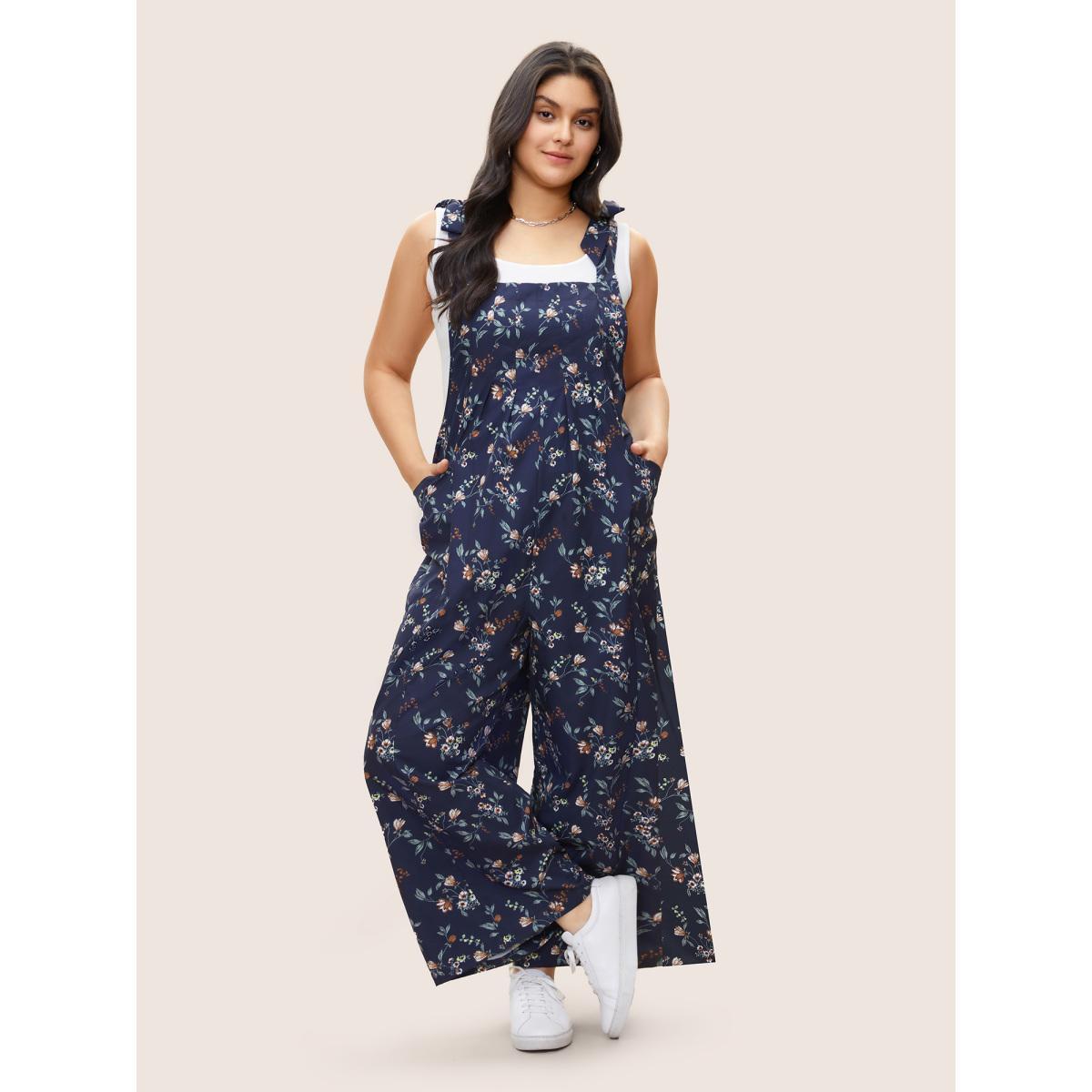 Plus Size Indigo Ditsy Floral Pleated Ties Spaghetti Strap Jumpsuit Women Casual Sleeveless Spaghetti Strap Everyday Loose Jumpsuits BloomChic 26/4X Product Image