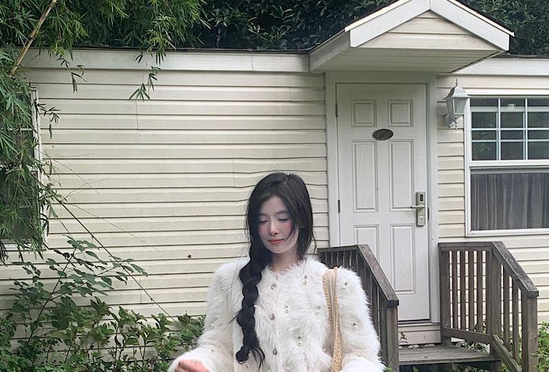 V-Neck Furry Beaded Crop Cardigan Product Image