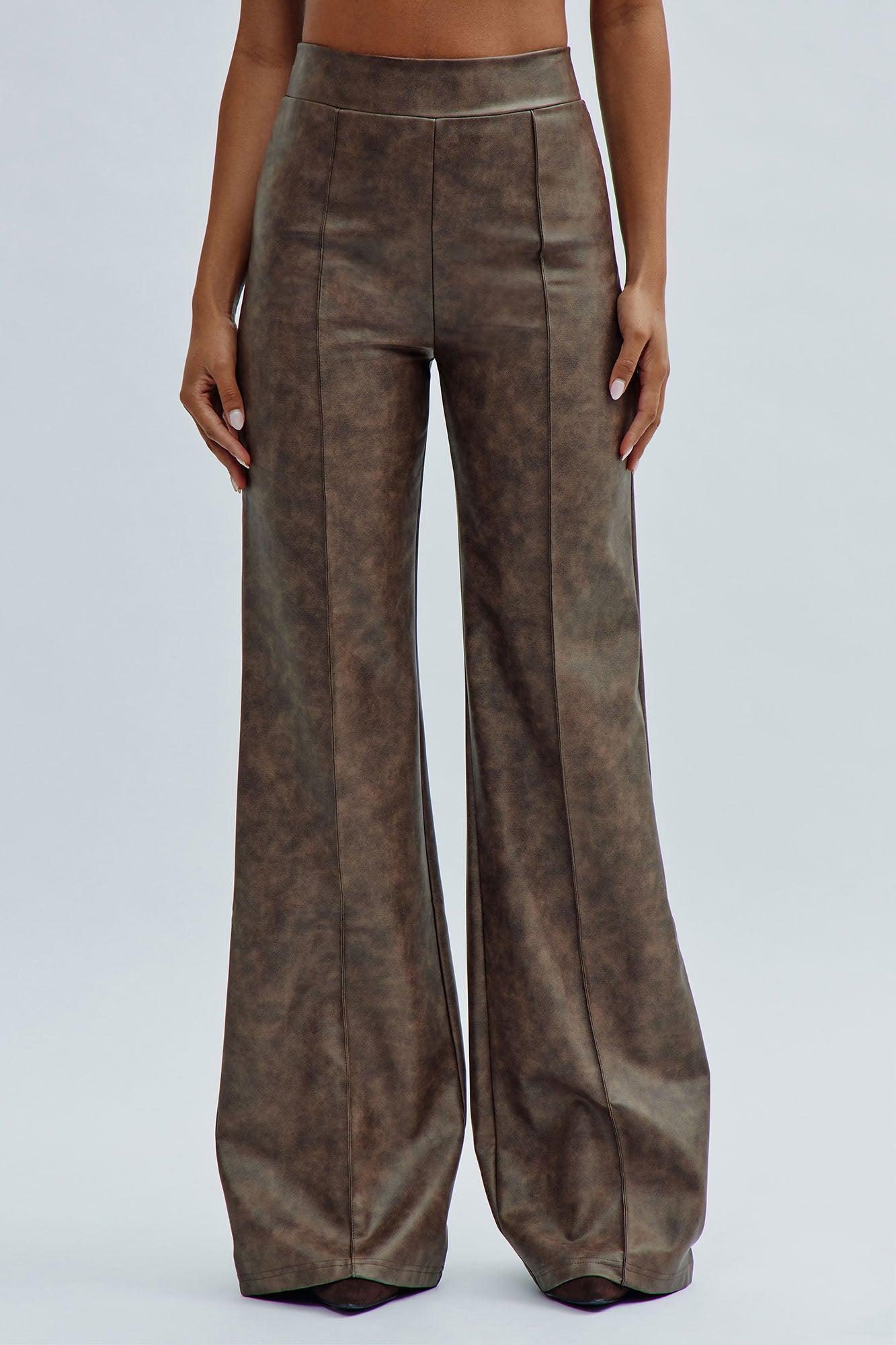 Victoria High Waisted Washed Faux Leather Dress Pants - Chocolate Product Image