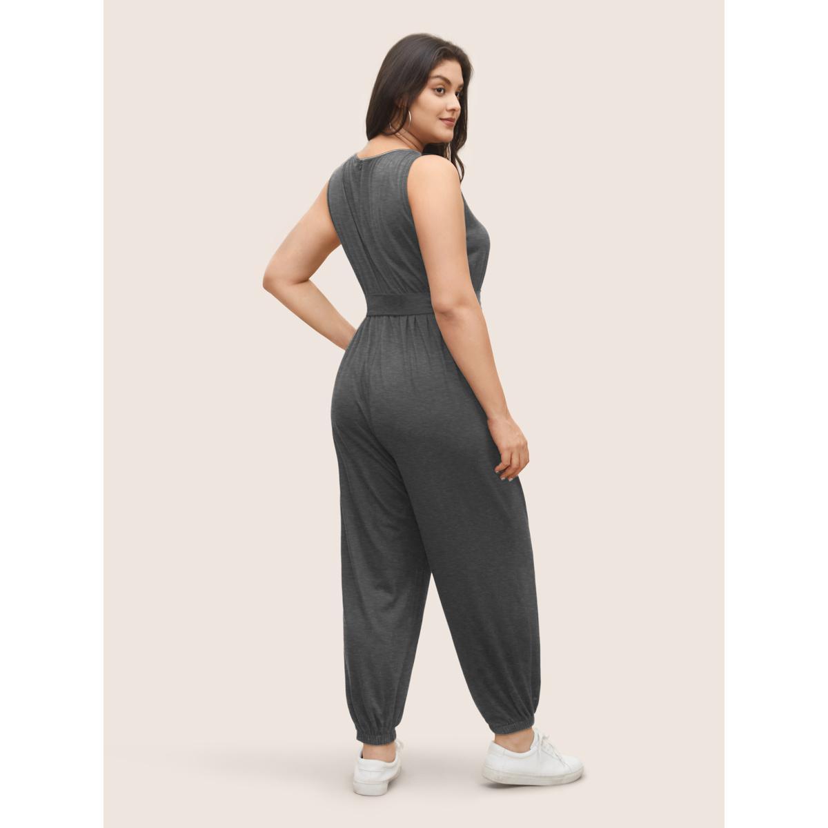 Plus Size DimGray Supersoft Essentials Plain Button Detail Belted Jumpsuit Women Casual Sleeveless Non Everyday Loose Jumpsuits BloomChic 10/M Product Image