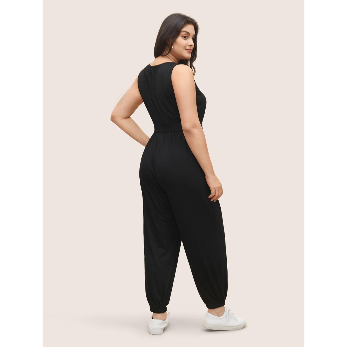 Plus Size Black Supersoft Essentials Plain Button Detail Belted Jumpsuit Women Casual Sleeveless Non Everyday Loose Jumpsuits BloomChic 26/4X Product Image