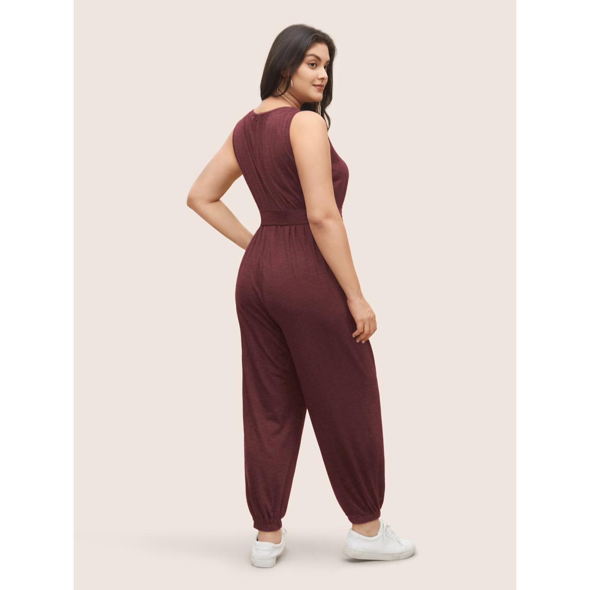 Plus Size Rust Supersoft Essentials Plain Button Detail Belted Jumpsuit Women Casual Sleeveless Non Everyday Loose Jumpsuits BloomChic 18-20/2X Product Image