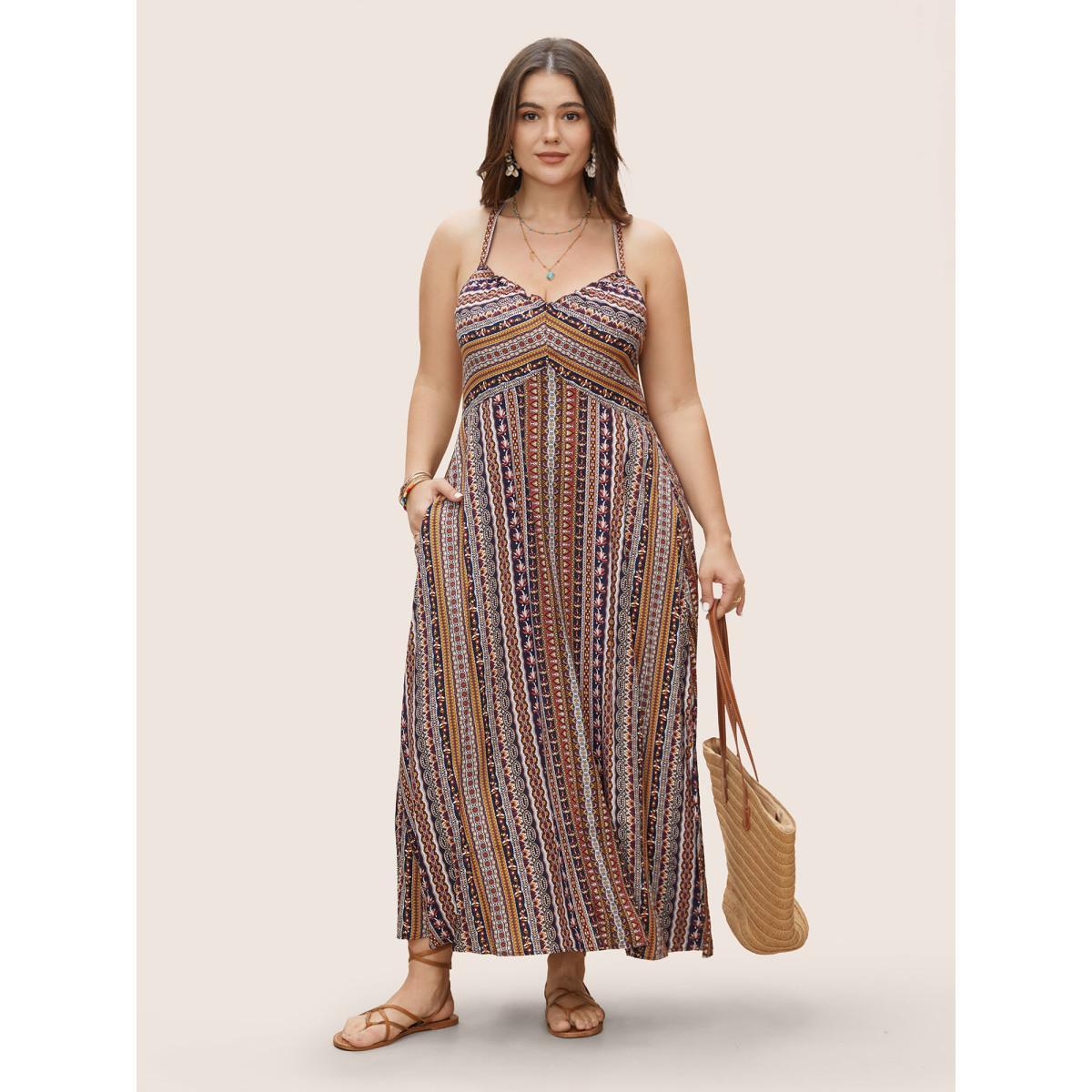 Plus Size Boho Print Elastic Waist Split Hem Cami Dress Navy Women Resort Non V-neck Sleeveless Curvy BloomChic 26/4X Product Image
