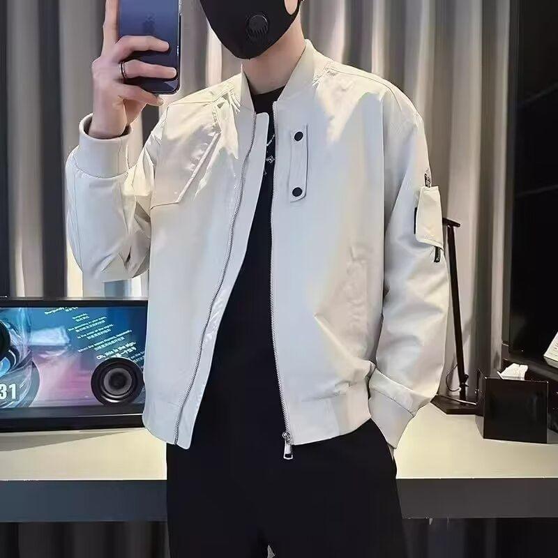 Stand Collar Plain Zip Bomber Jacket Product Image