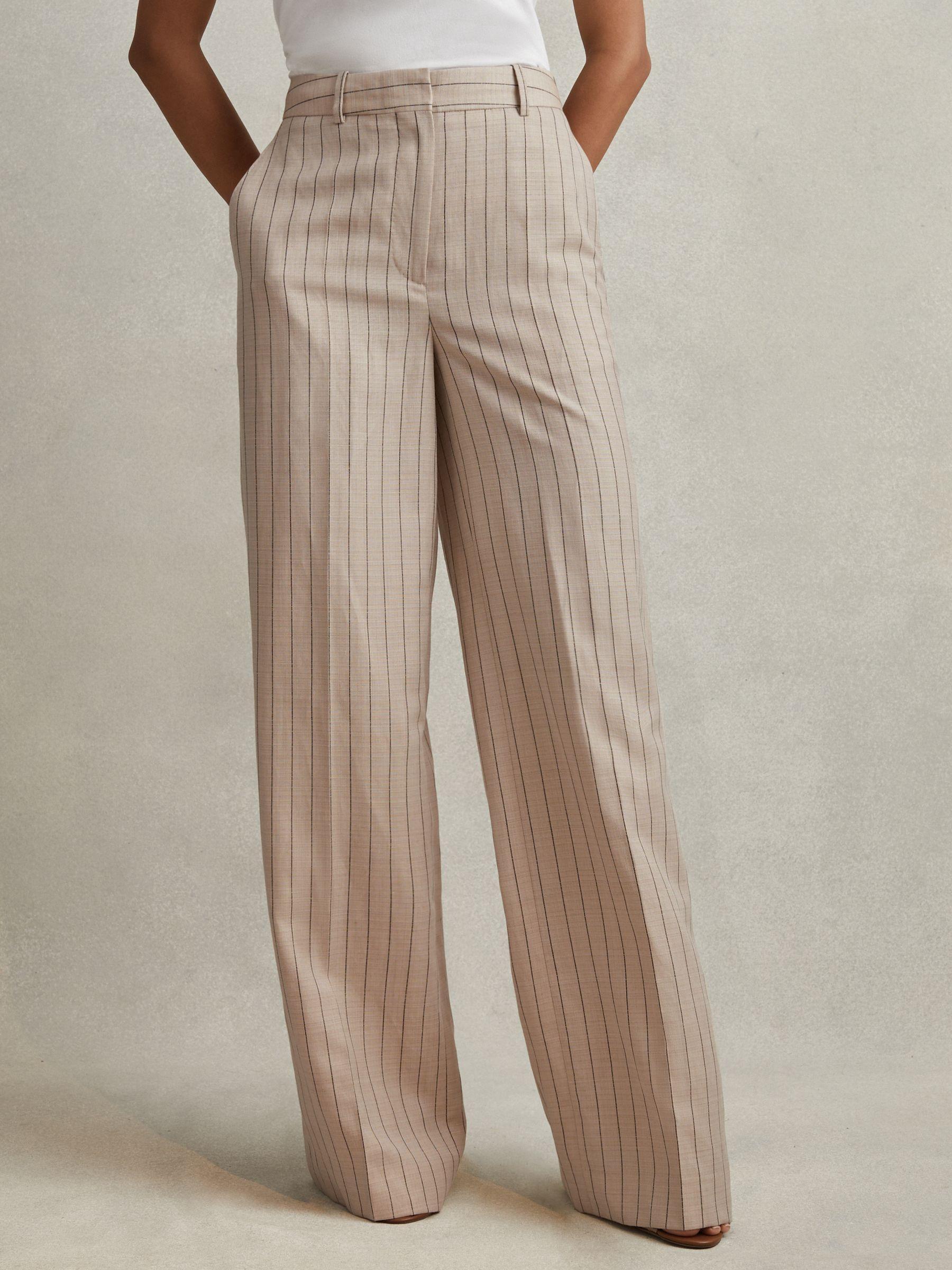 Wool Blend Striped Wide Leg Trousers in Neutral Product Image