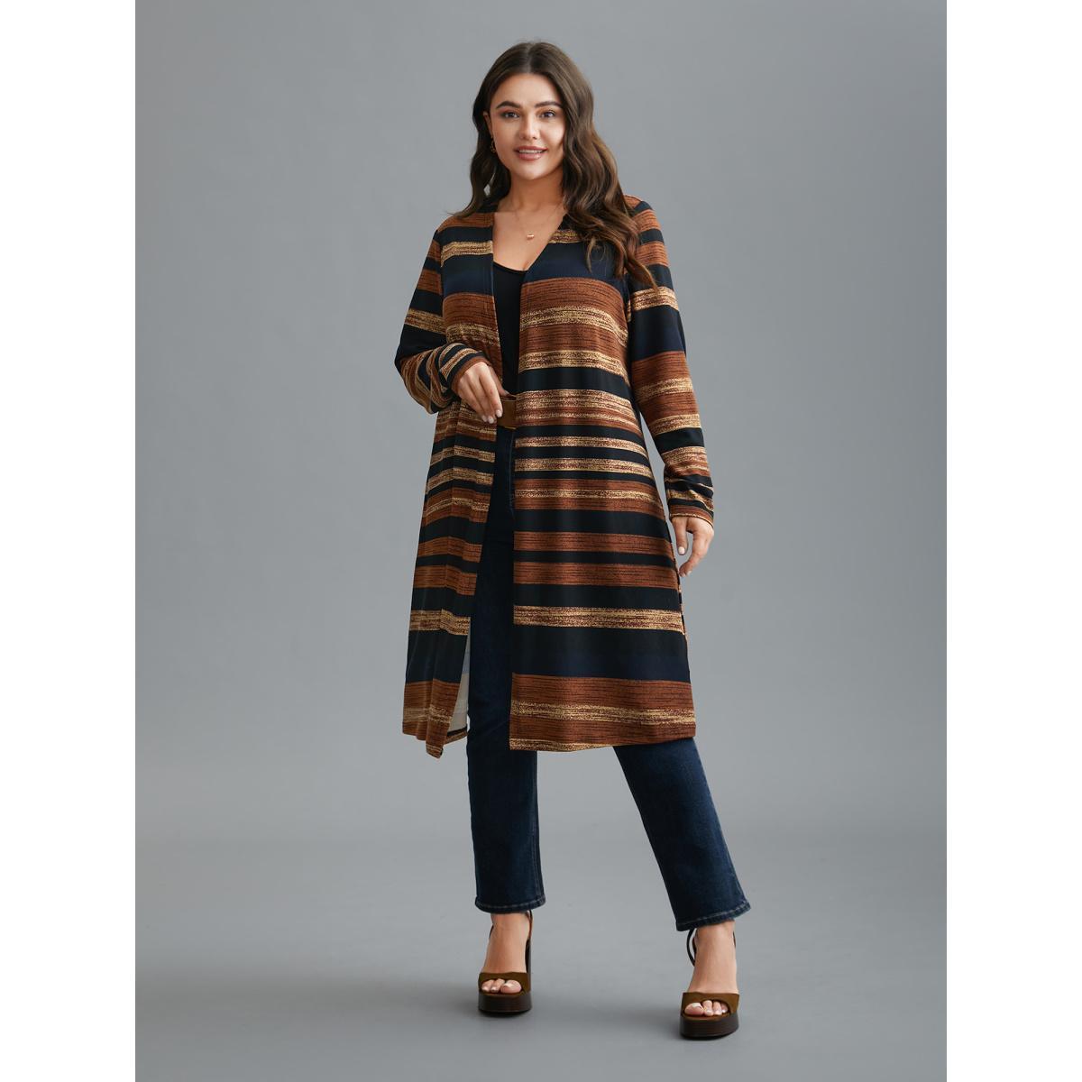 Plus Size Multi-Color Striped Open-Front Long Jacket Women Multicolor Contrast Loose Everyday Jackets BloomChic 22-24/3X Product Image