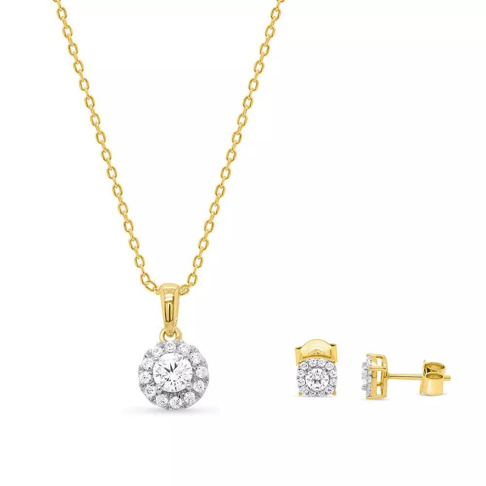 Ethique 1 Carat T.W. Lab-Grown Diamond Halo Pendant Necklace & Stud Earring Set, Women's, Size: 18", Gold Tone Product Image