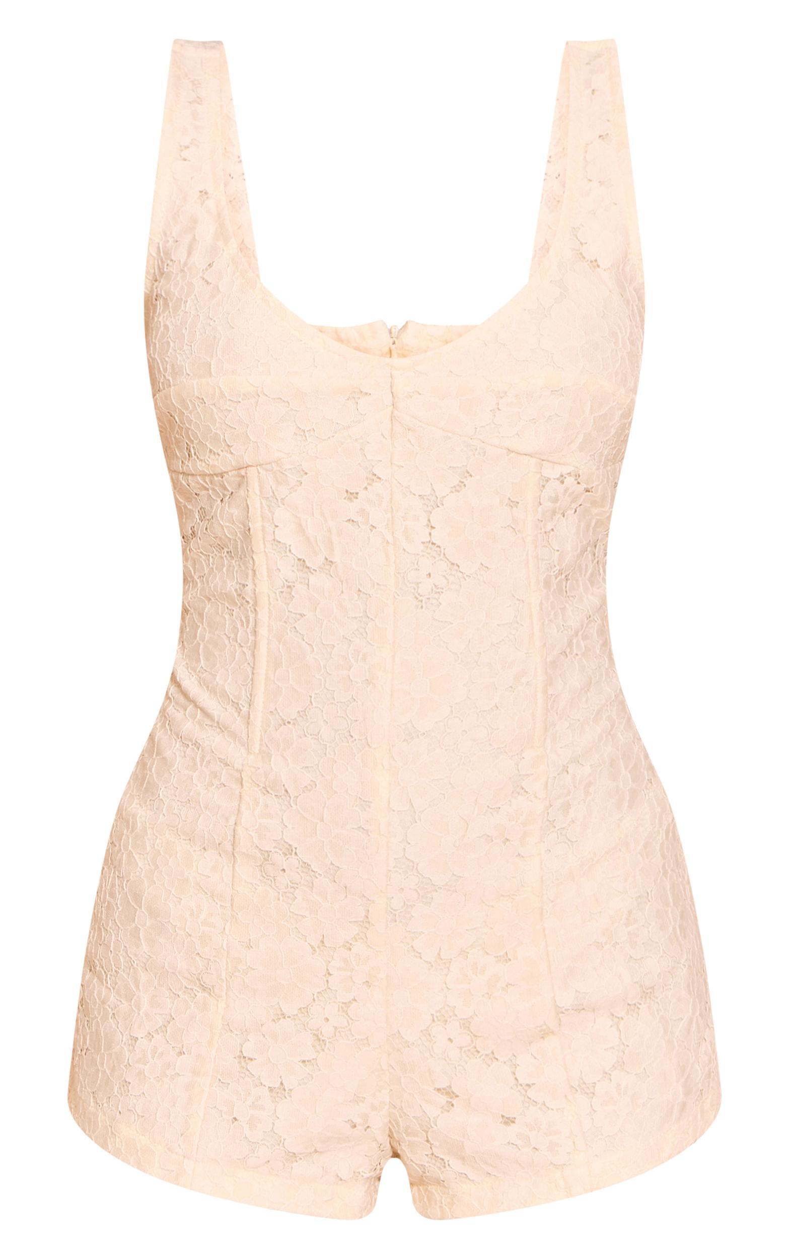 Petite Butter Cream Lace Fitted Romper Product Image